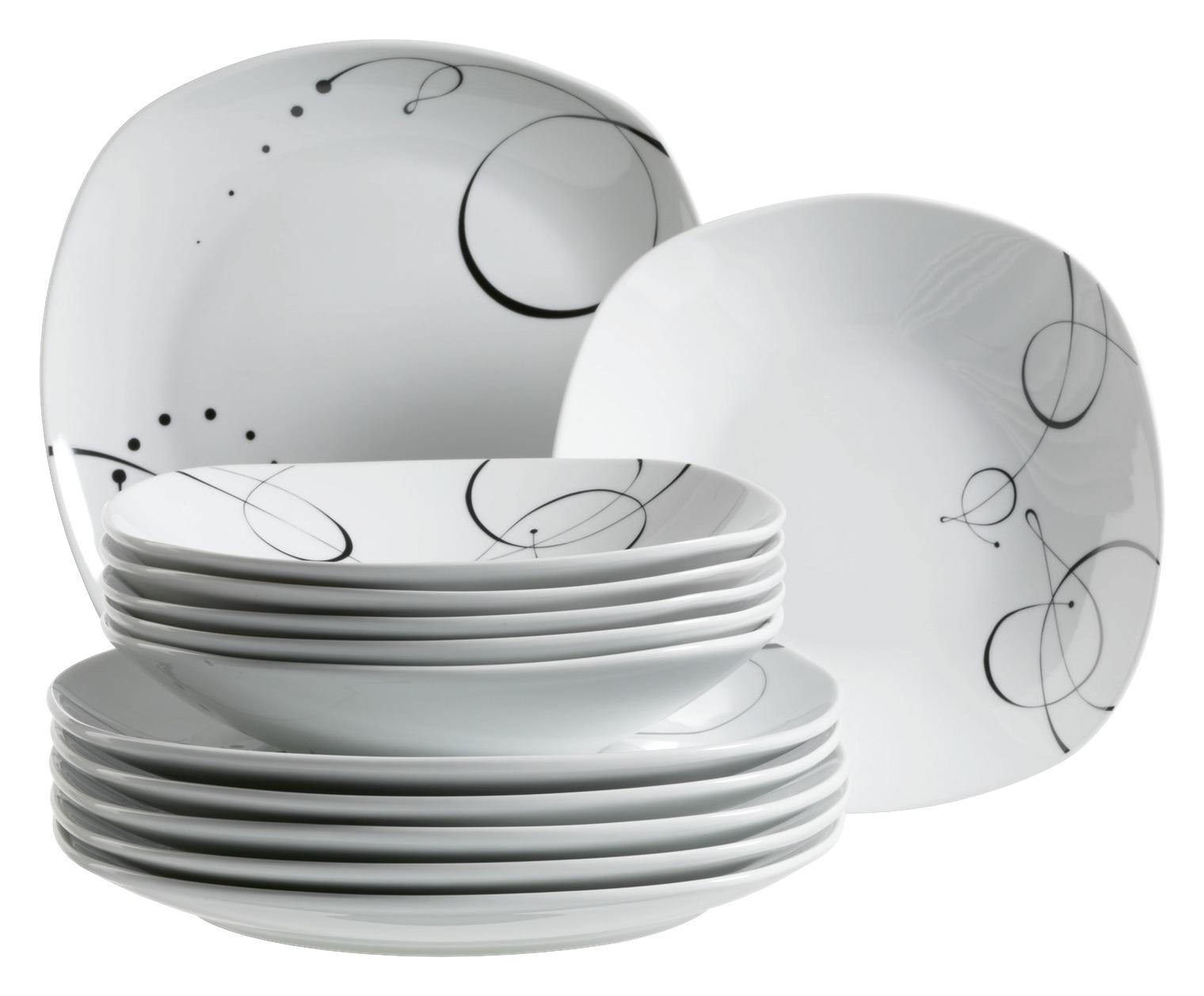 Kombiservice Chanson Keramik 6 Personen Geschirr Set - Schwarz/Weiß, Basics, Keramik - Mäser