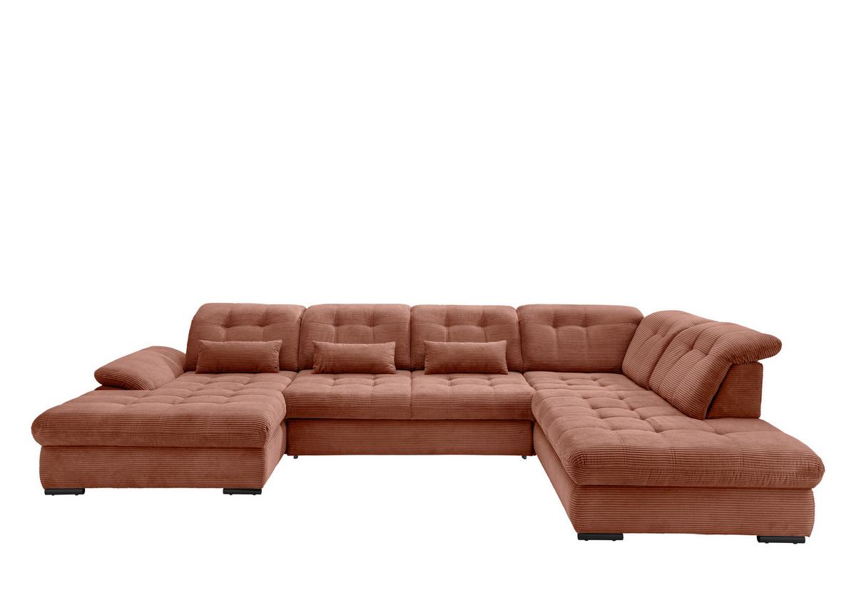 Wohnlandschaft mit Bettkasten Rigatti Koralle B: 387 cm - Koralle/Schwarz, MODERN, Textil (184/387/252cm) - Livetastic