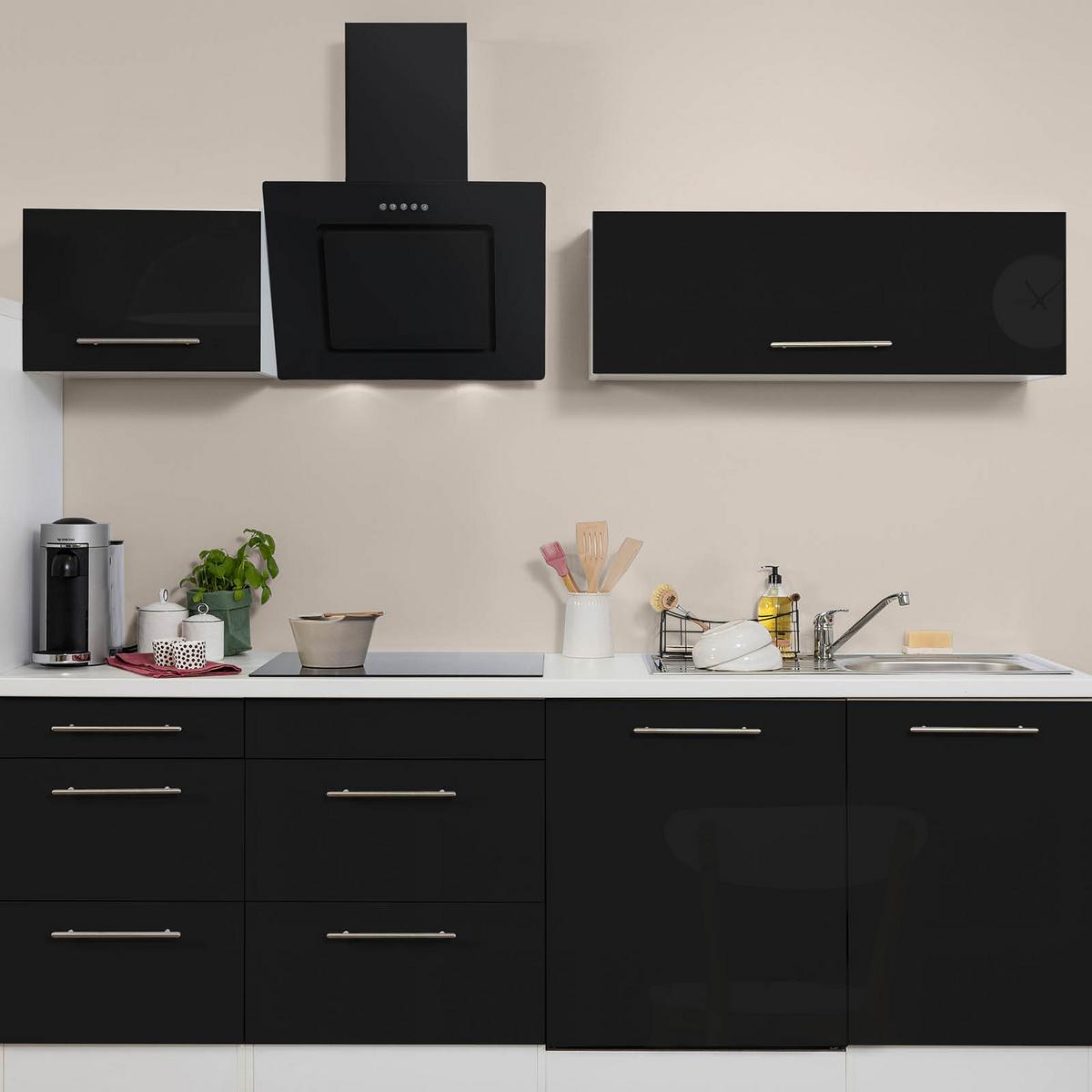 Küchenzeile mit Geräten 280 cm Schwarz Hochglanz/Weiß - Schwarz/Weiß, KONVENTIONELL, Holzwerkstoff (280cm) - Respekta