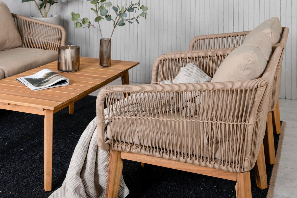 Loungegarnitur 4--Teilig Chania Holz/Metall/Textil mit Kissen - Beige/Akaziefarben, KONVENTIONELL, Holz/Textil - Gardenson