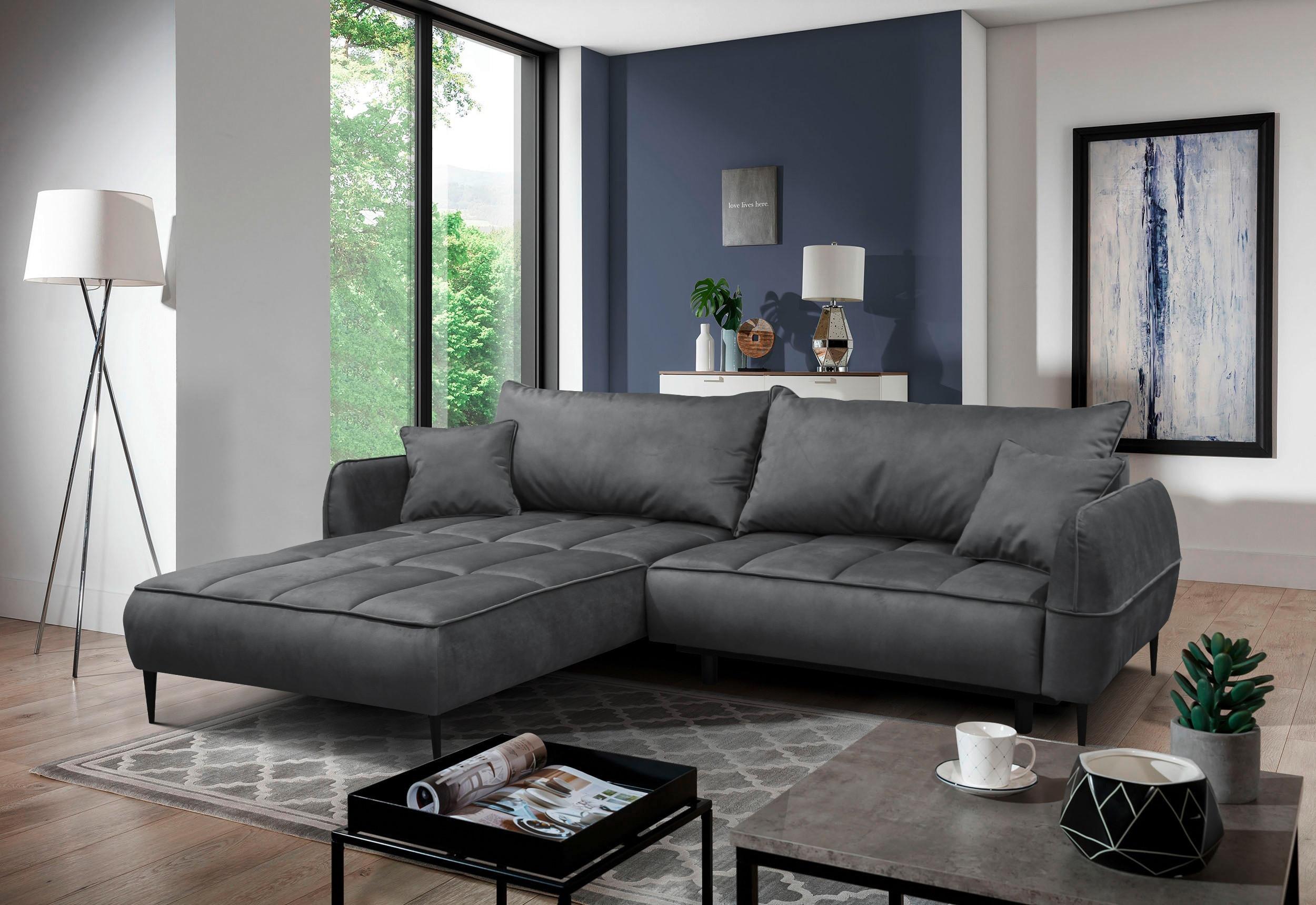 Ecksofa Mit Bettkasten Letto 189x260 Cm Velours Grau - Schwarz/Grau, Design, Textil (189/260cm) - MID.YOU