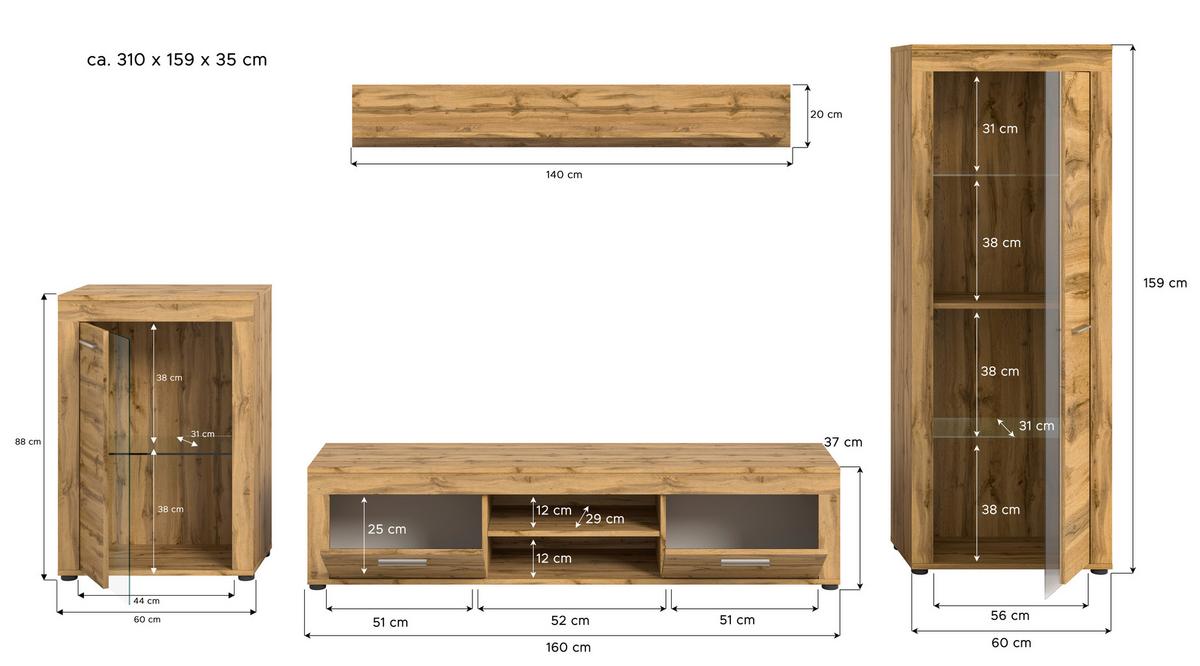 Wohnwand Jam Eiche Wotan Dekor B: 310cm - Eiche Wotan/Schwarz, Design, Glas/Holzwerkstoff (310/169/35cm) - MID.YOU