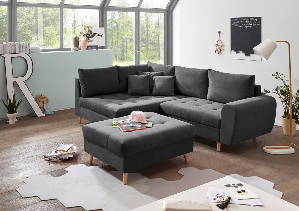 Ecksofa Mit Holzfüßen + Kissen Alice, Webstoff - Anthrazit/Kieferfarben, KONVENTIONELL, Holzwerkstoff/Textil (175/249cm) - MID.YOU