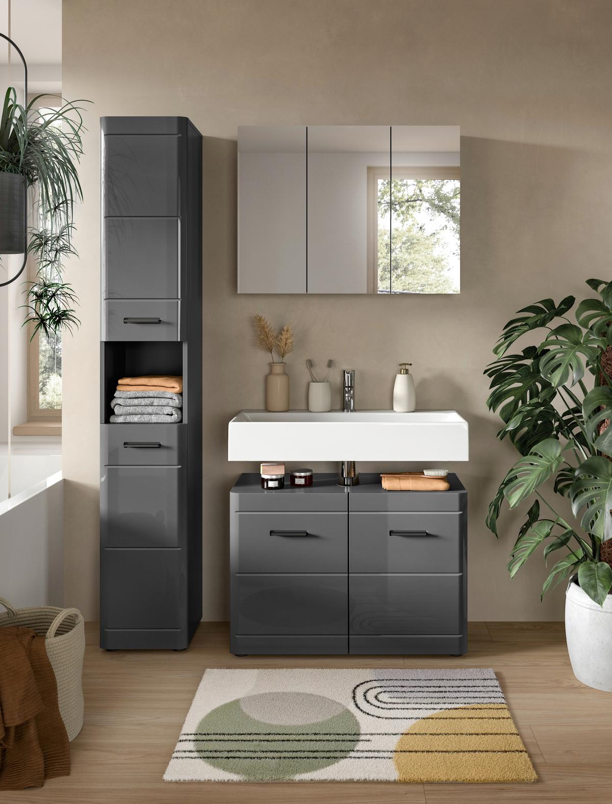 BADEZIMMER Soft Grau HG B: 110 cm - Grau Hochglanz/Schwarz, MODERN, Holzwerkstoff (110cm) - MID.YOU