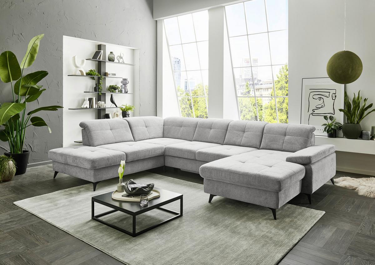 Sedačka SORENA U, levá, sv.šedá žinylka, s funkcemi - černá/světle šedá, Moderní, kov/textil (255/353/198cm) - Premium Living