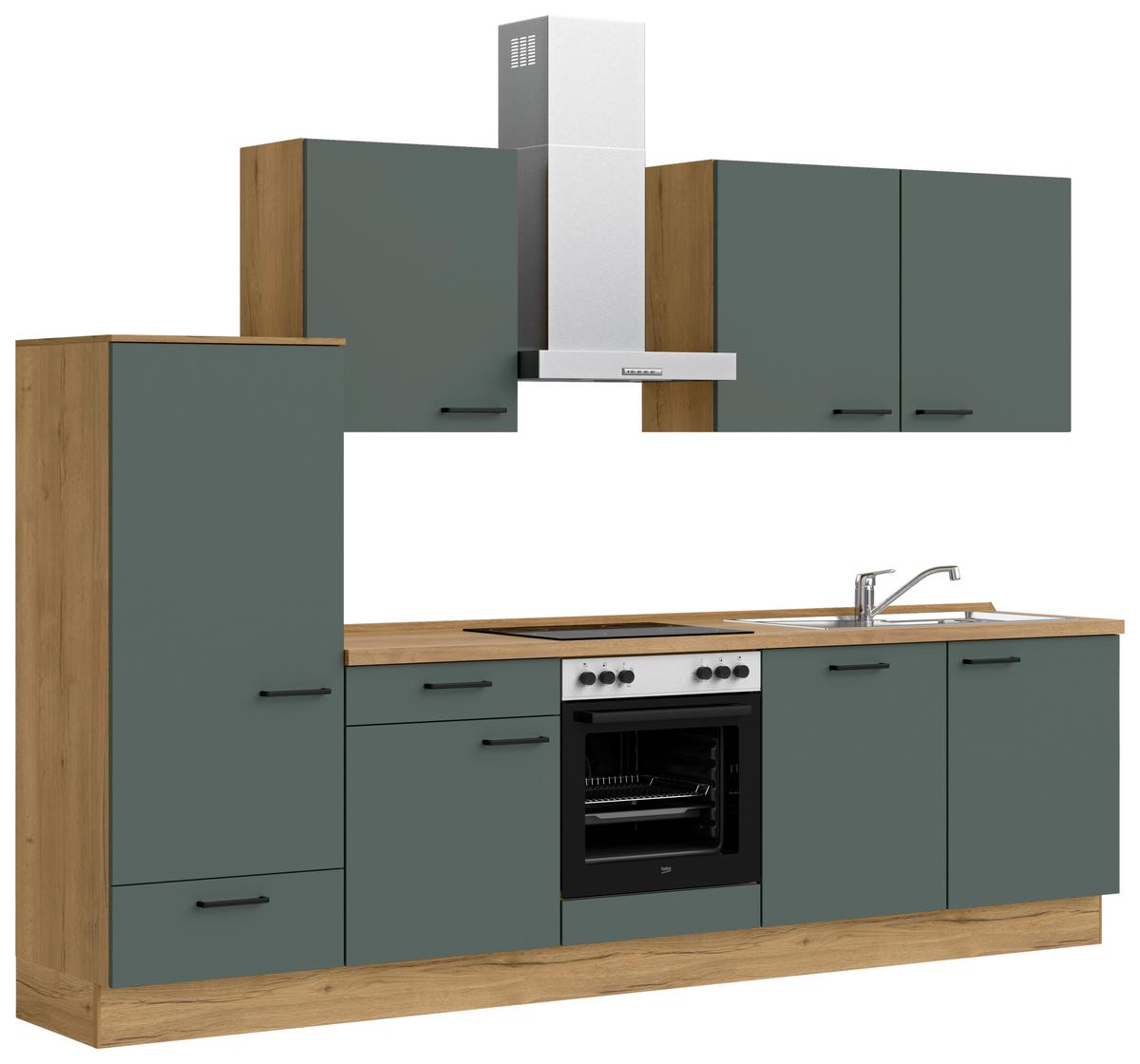 Kuchyňská linka 300 cm, minerální zelená,ultra matná - barvy dubu/černá, Moderní, kov/kompozitní dřevo (300cm) - Nobilia