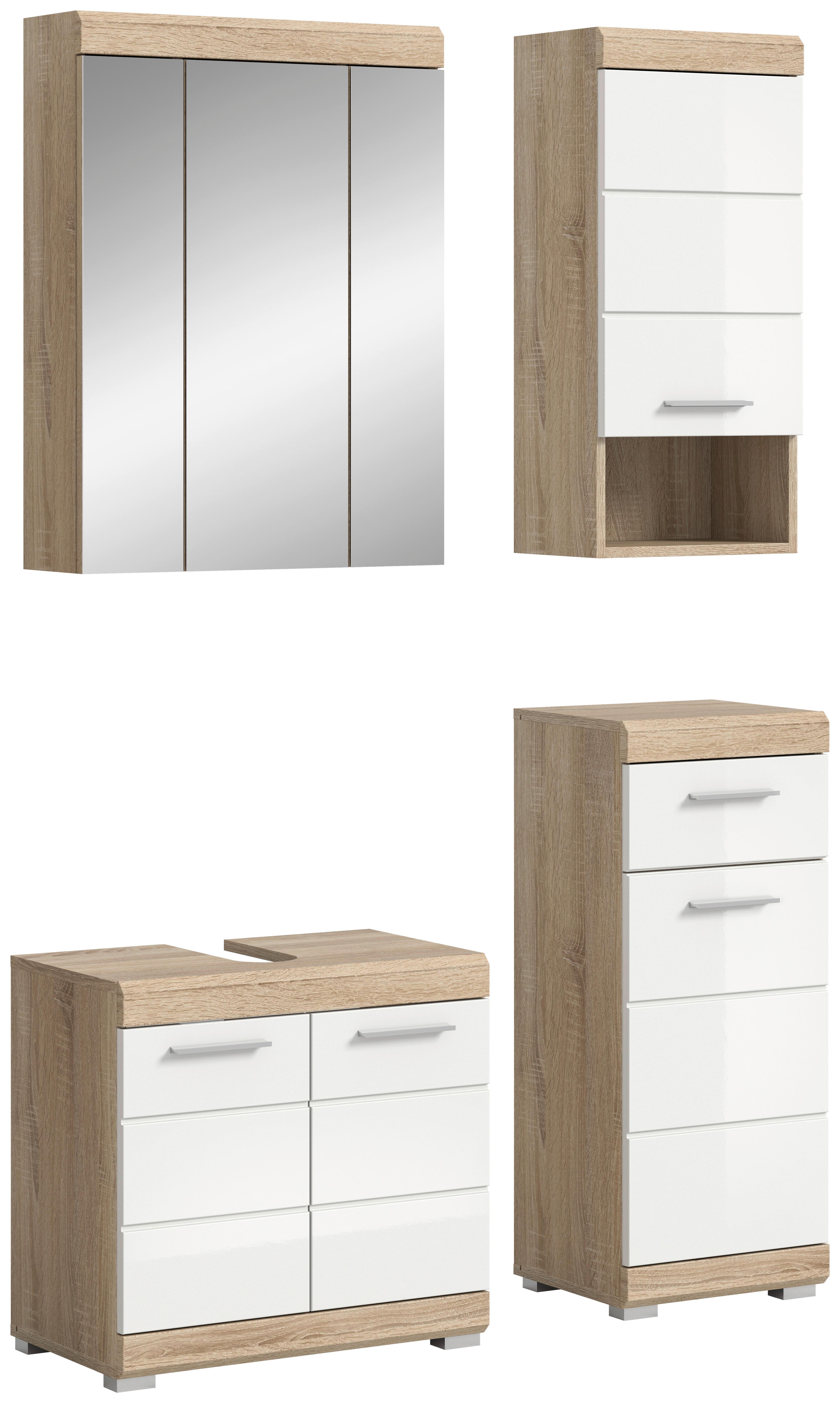 Badezimmer Lambada Eiche Dekor/Weiß B: 97 cm - Weiß Hochglanz/Silberfarben, MODERN, Glas/Holzwerkstoff (97cm) - MID.YOU