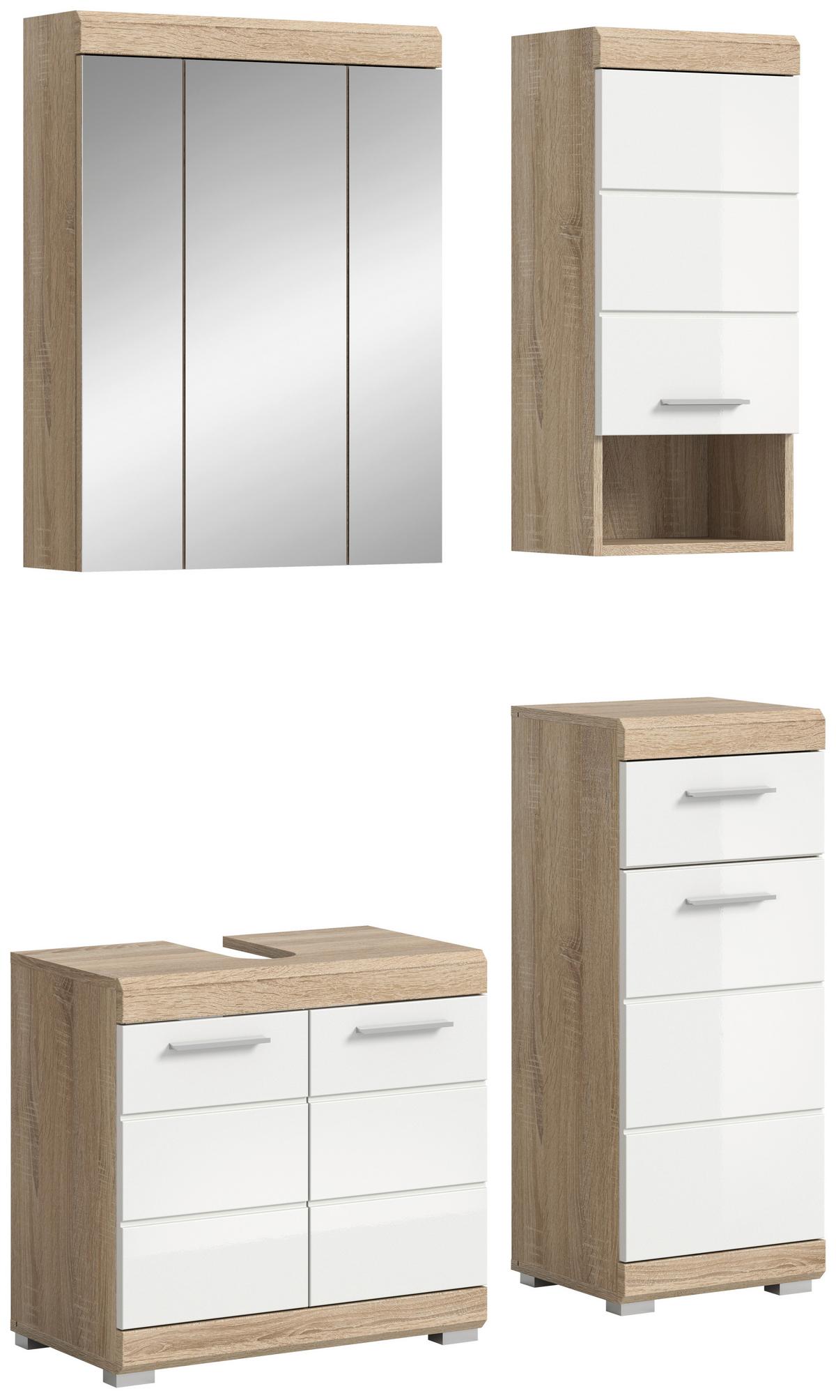 Badezimmer Lambada Eiche Dekor/Weiß B: 97 cm - Weiß Hochglanz/Silberfarben, MODERN, Glas/Holzwerkstoff (97cm) - MID.YOU