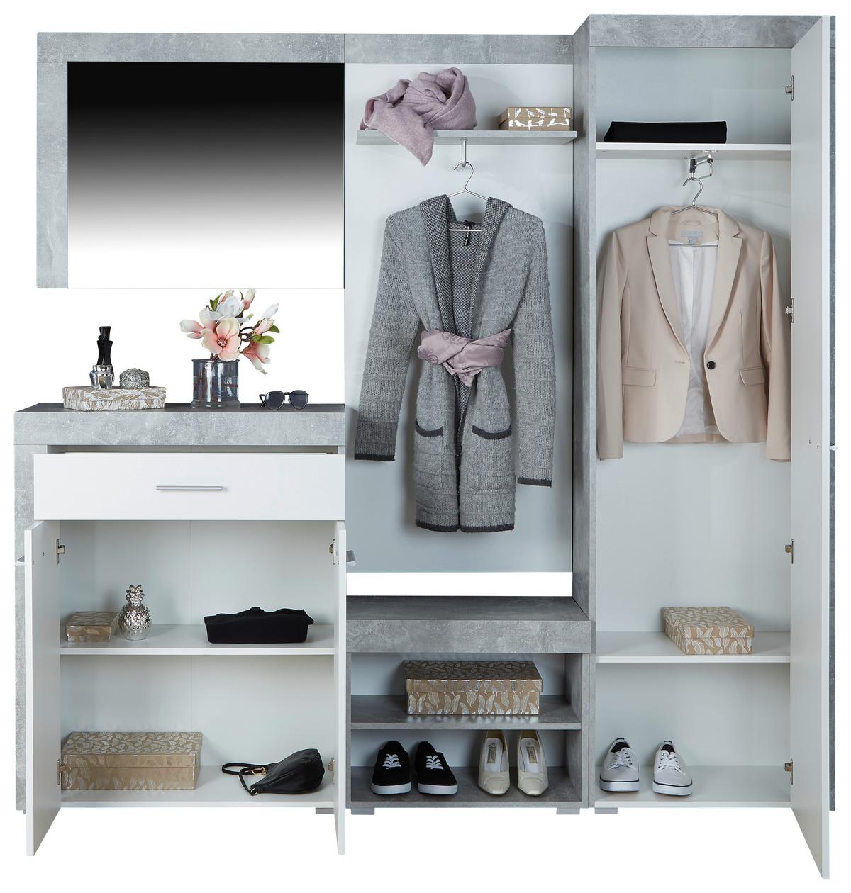 Garderobe Porto Betonoptik/ Weiß B: 200 cm Mit Spiegel - Weiß/Grau, MODERN, Holzwerkstoff (200/200/35,3cm)