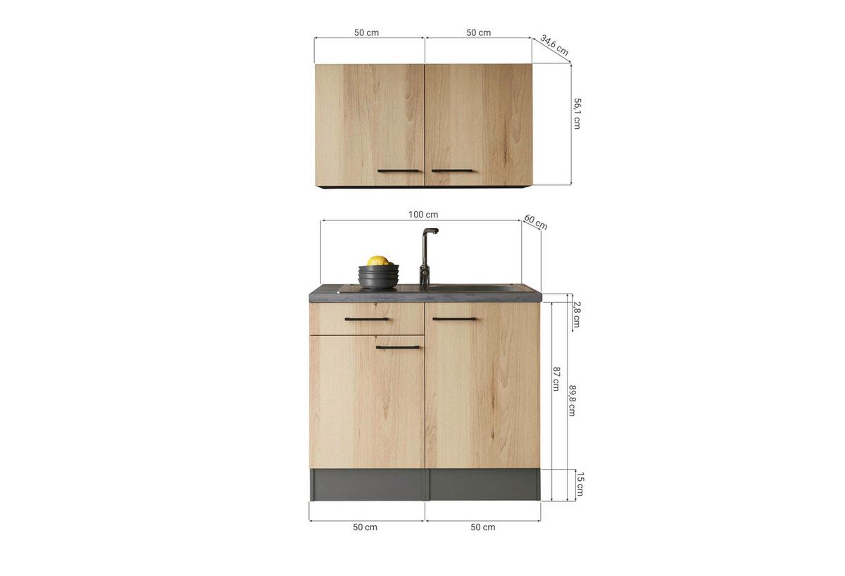 MINIKÜCHE Oliver, Grau Artisan B: 100 cm - Eiche Artisan/Grau, Trend, Holzwerkstoff (100cm) - Respekta