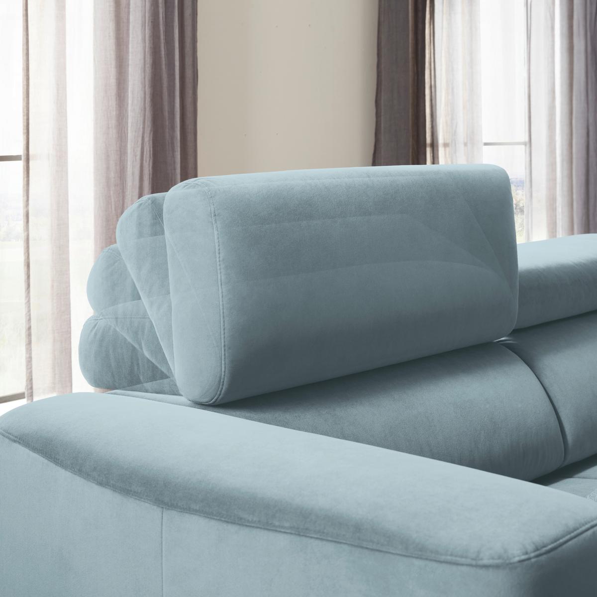 Rohová sedačka EMMA, pravá, sv.modrá,op.hl.,USB,el.výsuv - svetlomodrá/čierna, Modern, textil (301/210cm) - Premium Living