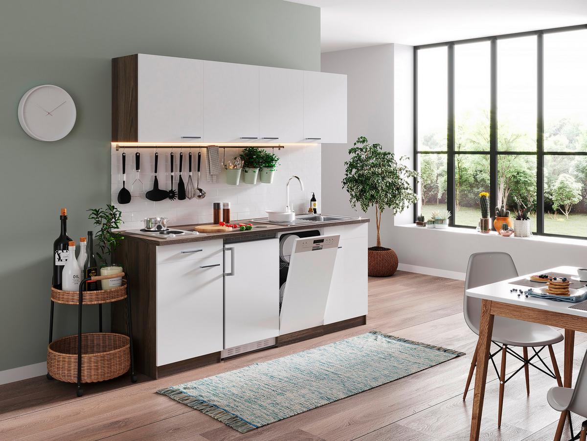 Küchenzeile Economy M. Geräten 195 Cm Weiß/eiche Dekor Modern - Eichefarben/Weiß, Basics, Holzwerkstoff (195cm) - Respekta