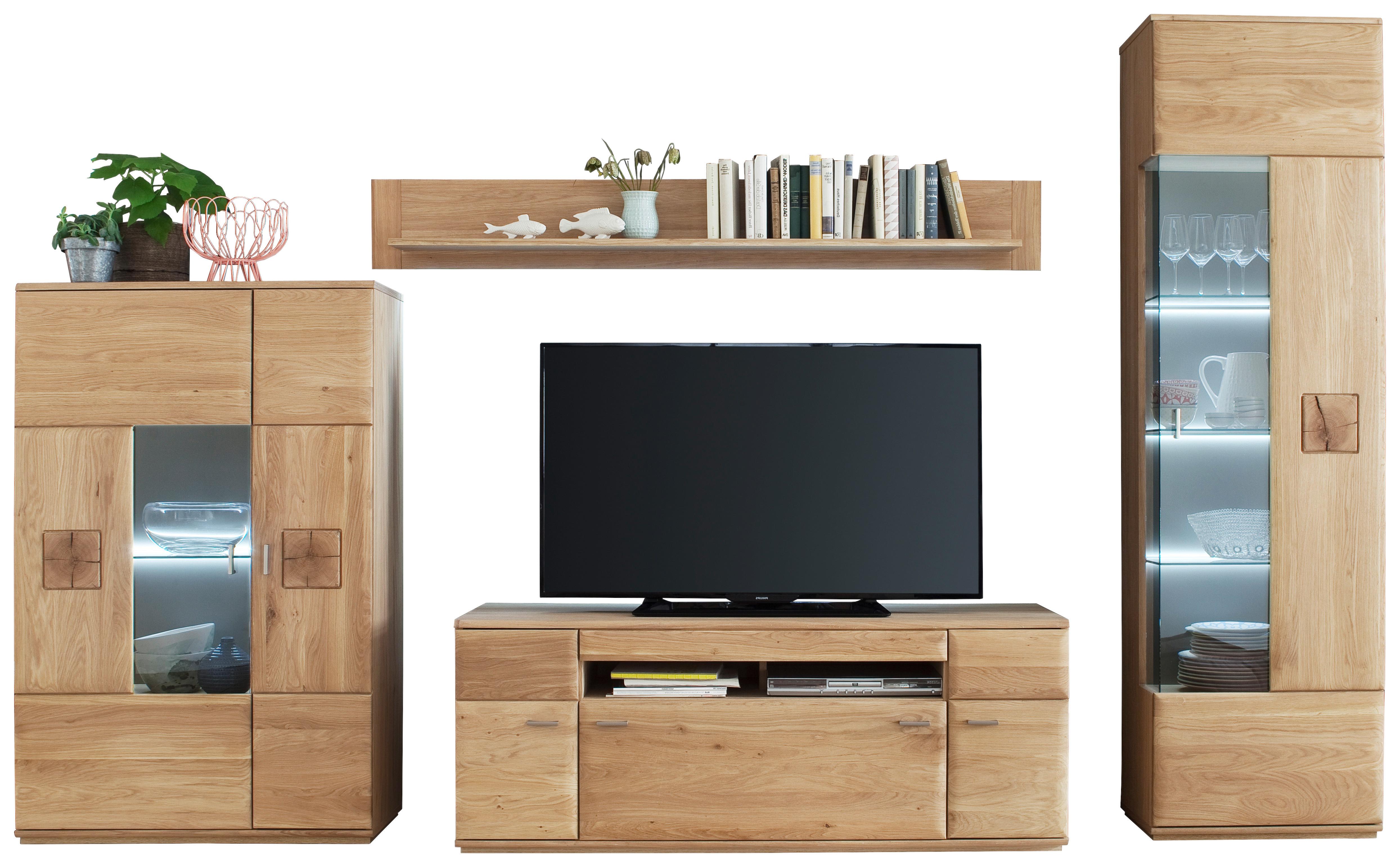 Wohnkombination teilmassiv 4--Teilig. Bologna Eichefarben - Eichefarben, Design, Glas/Holz (320/208/50cm) - Livetastic