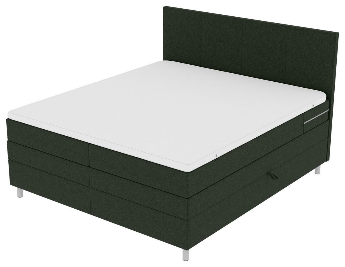 Boxspringbett mit Topper und Bettkasten 160x200 cm Messina - Chromfarben/Grün, KONVENTIONELL, Textil (160/200cm)