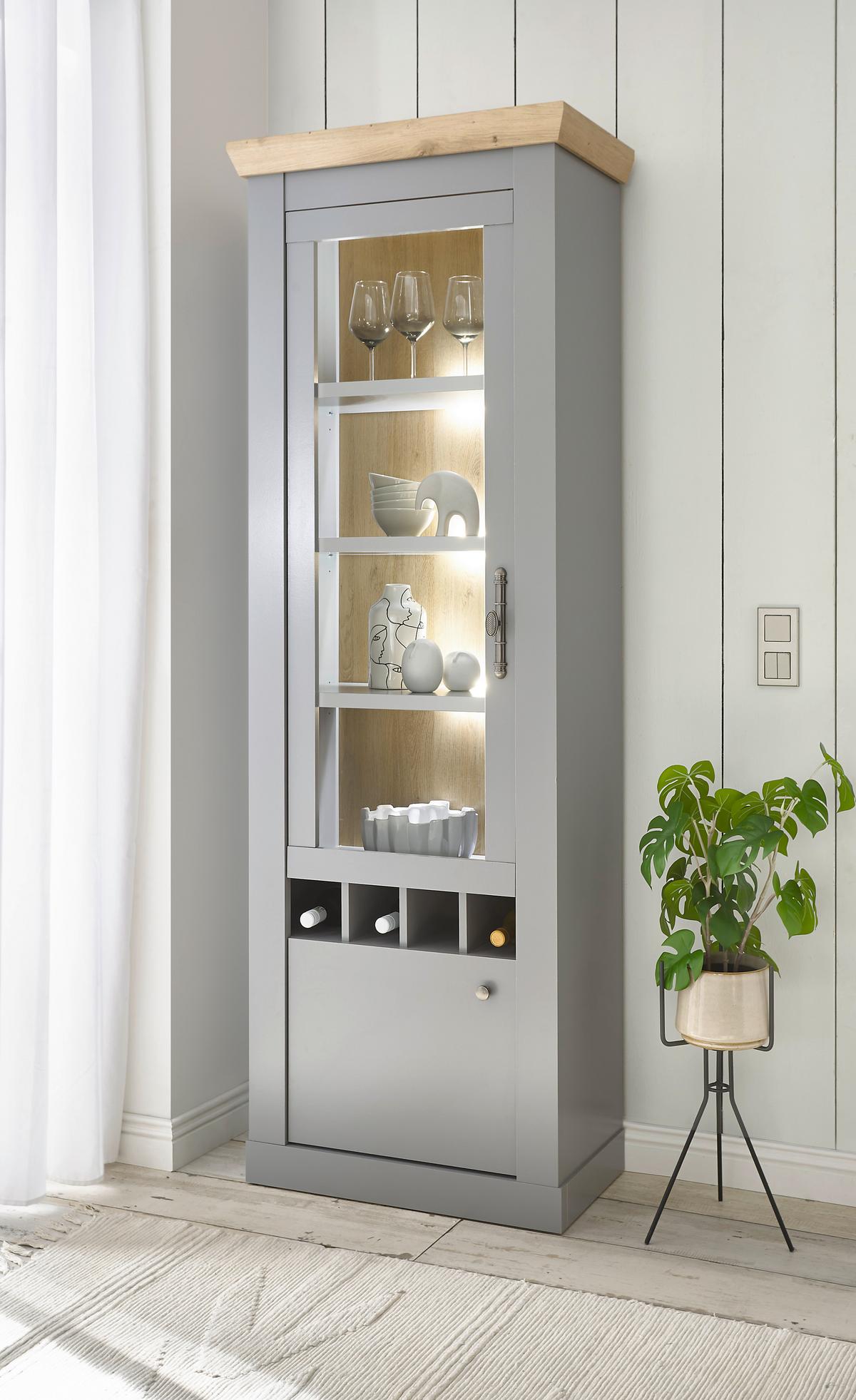 Vitrine Chambord Hellgrau/Eiche Dekor B: 71cm - Eichefarben/Hellgrau, Design, Holzwerkstoff (71/201/37cm) - MID.YOU