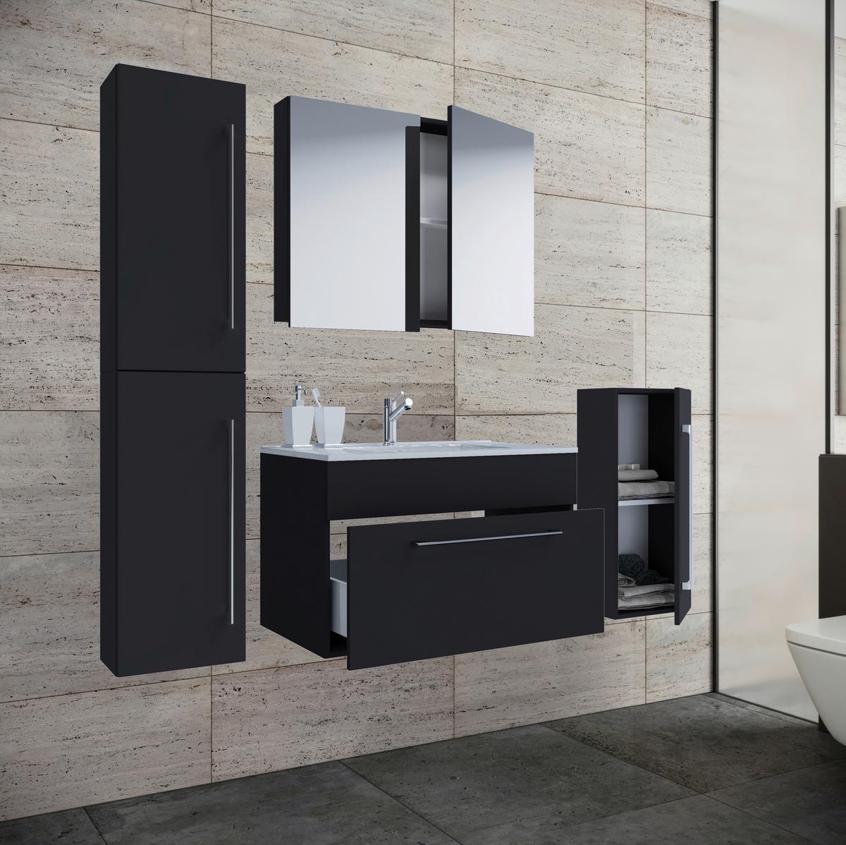 Badezimmer Badinos 5-Teilig Schwarz B: 146 cm - Schwarz/Weiß, MODERN, Keramik/Holzwerkstoff (126cm) - MID.YOU