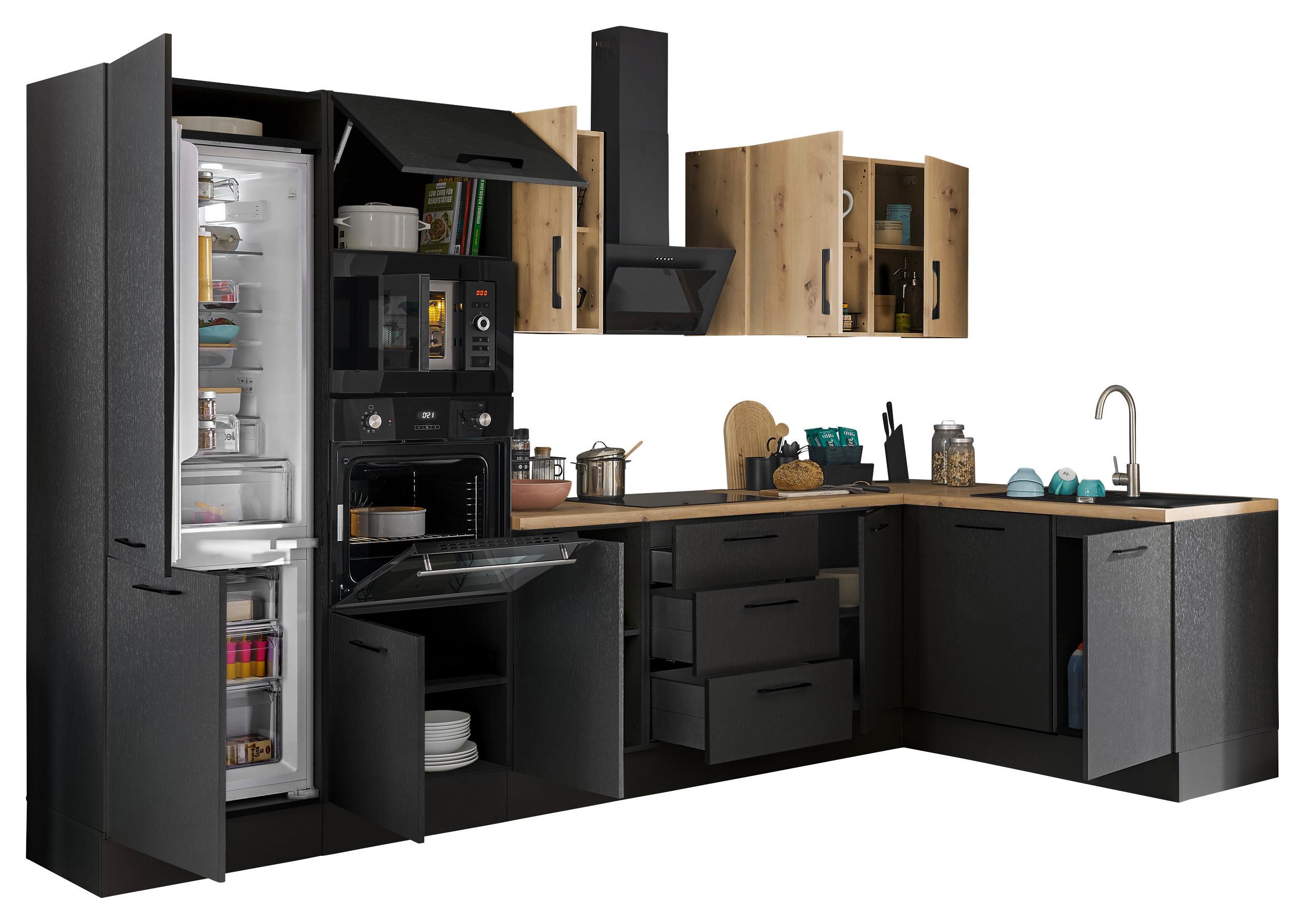 Eckküche Turin Schwarz/Eiche Dekor 340x175 cm - Schwarz/Eiche Artisan, Basics, Holzwerkstoff (340/175cm) - MID.YOU