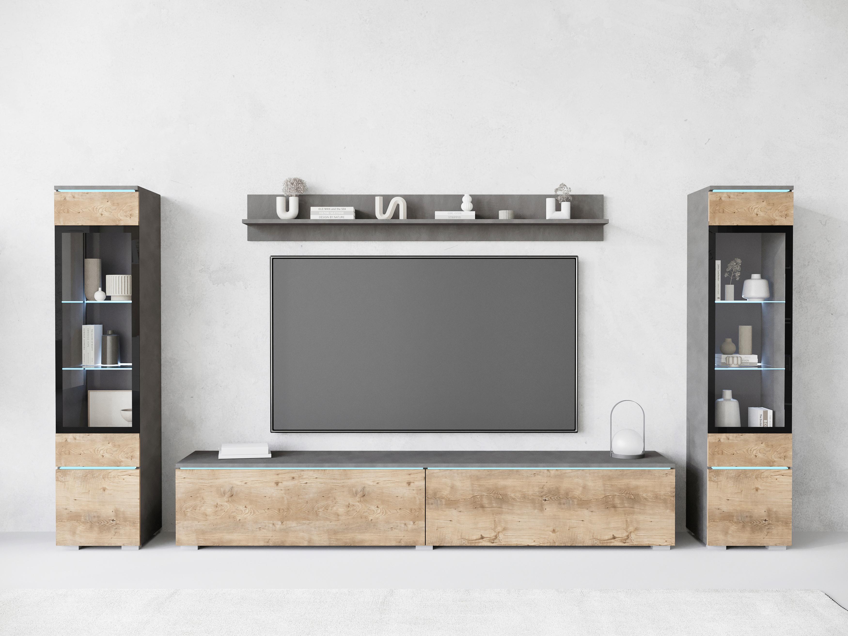 Wohnwand Vera II 4-Teilig Anthrazit/Kastanief.  B: 240cm - Kastanieneichefarben/Anthrazit, Trend, Glas/Holzwerkstoff (240/130/33cm)