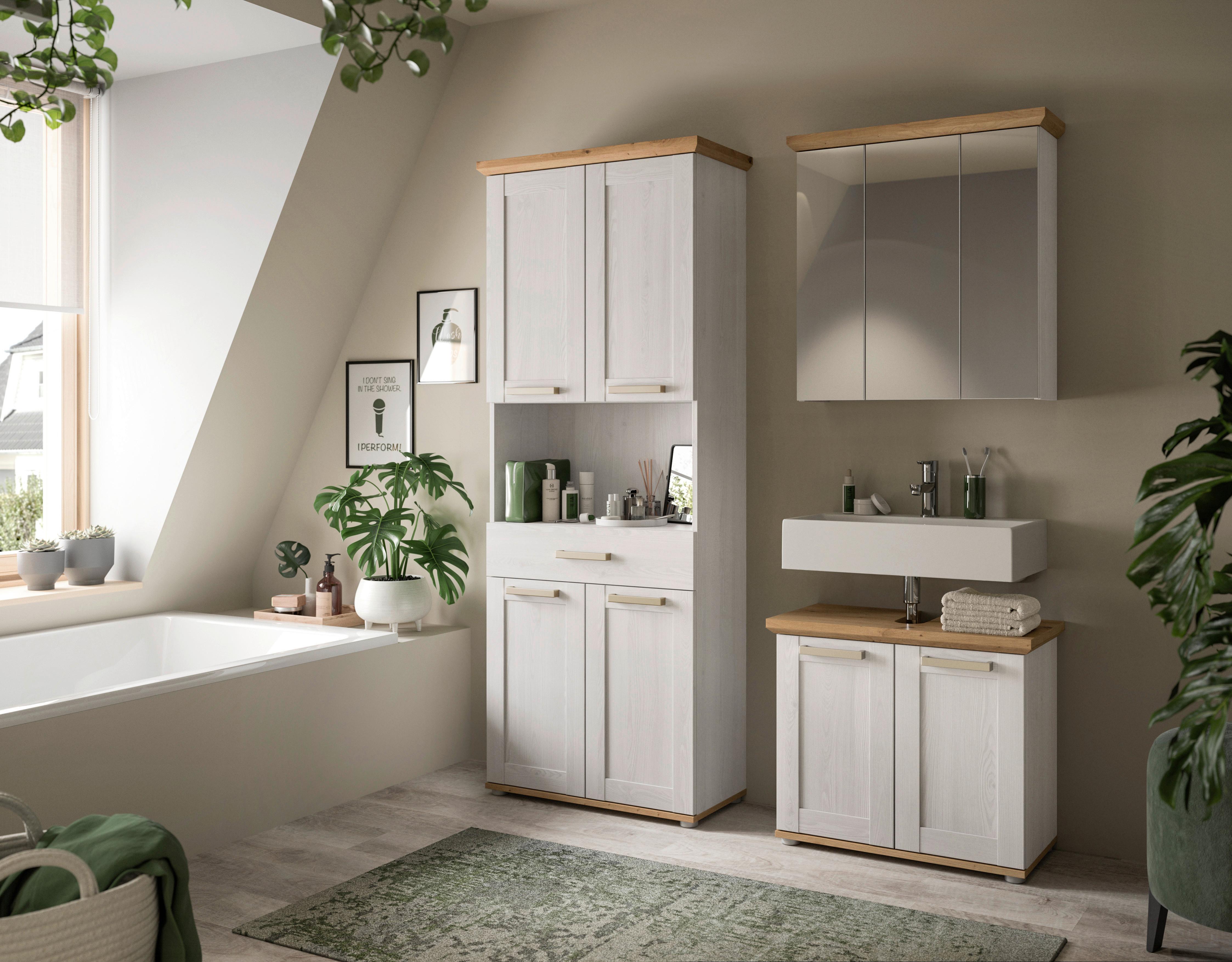 Badezimmer Verona Lärchefarben/Eiche D. B: 143cm - Silberfarben/Lärchefarben, Trend, Glas/Holzwerkstoff (143cm) - MID.YOU