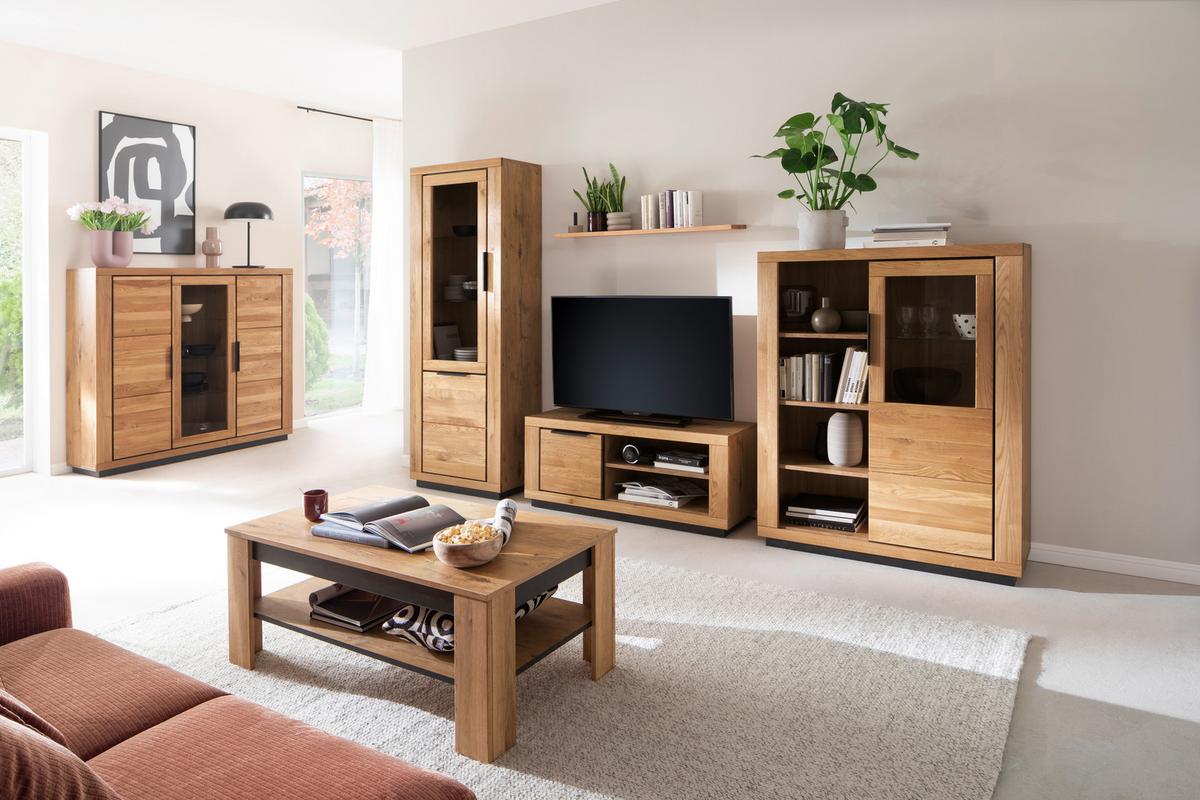 Wohnwand Wildeiche, B: 346 cm - Wildeiche/Schwarz, Design, Glas/Holz (346/200/54cm) - MID.YOU