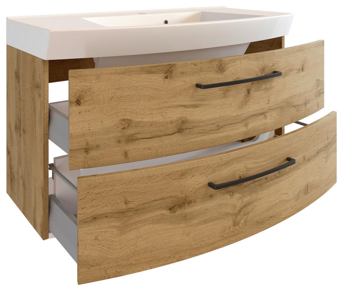 Waschbecken mit Unterschrank Manchester B:100cm Eiche Dekor - Eichefarben/Weiß, MODERN, Keramik/Holzwerkstoff (100cm) - Held