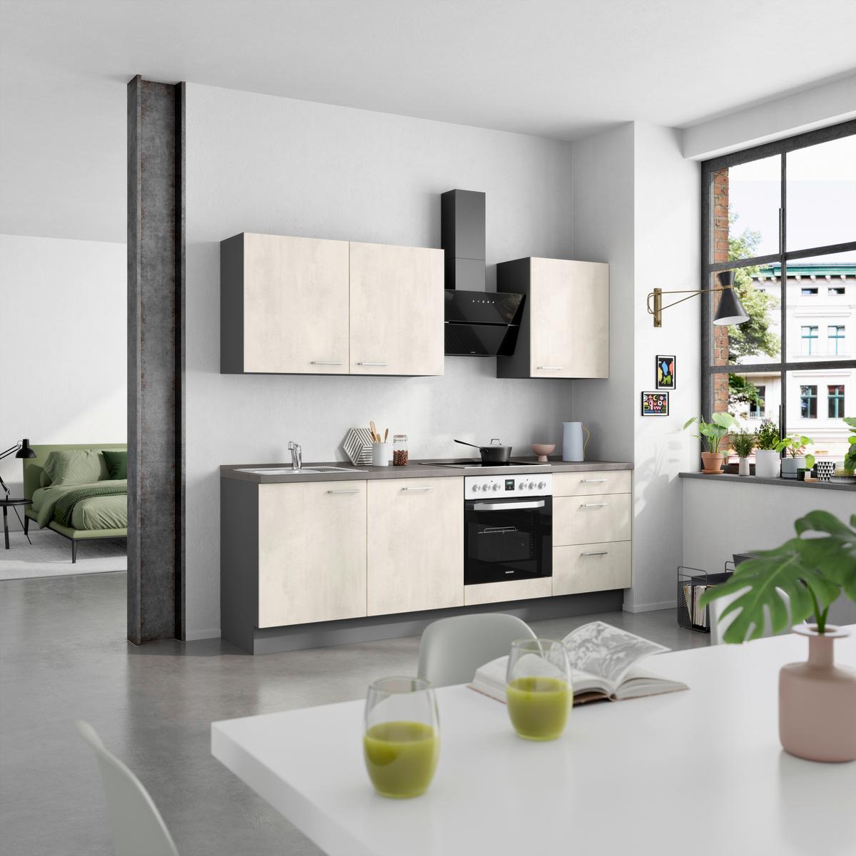 Kuchynská linka 240CM biely betón/ bridlicová šedá - biela/farba ušľachtilej ocele, Modern, kov/kompozitné drevo (240cm) - Nobilia