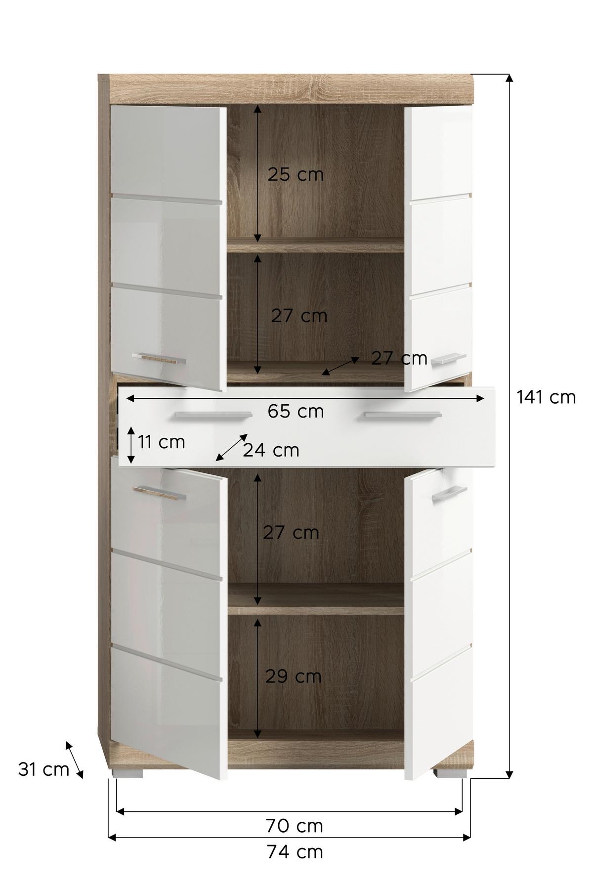 Midischrank Lambada Weiß Hg Sonoma Eiche Dekor - Weiß Hochglanz/Sonoma Eiche, MODERN, Holzwerkstoff (74/141/31cm) - MID.YOU
