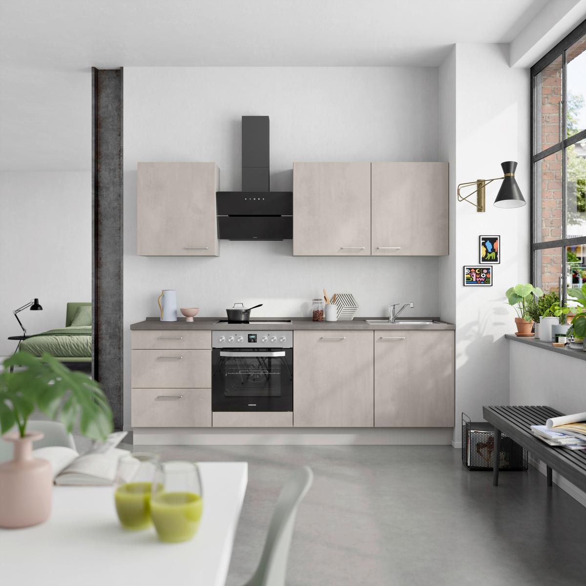 Kuchynská linka 240 cm, šedý betón/ kamenná šedá - sivá/farba ušľachtilej ocele, Modern, kov/kompozitné drevo (240cm) - Nobilia