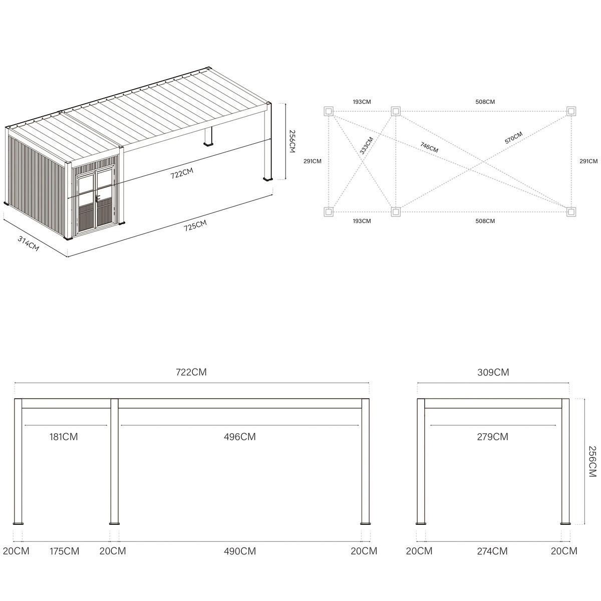 Carport- PergoLine 300x720 cm wetterbeständig, graphitfarben - Graphitfarben, Basics, Metall (300/255/720cm) - Gardenson