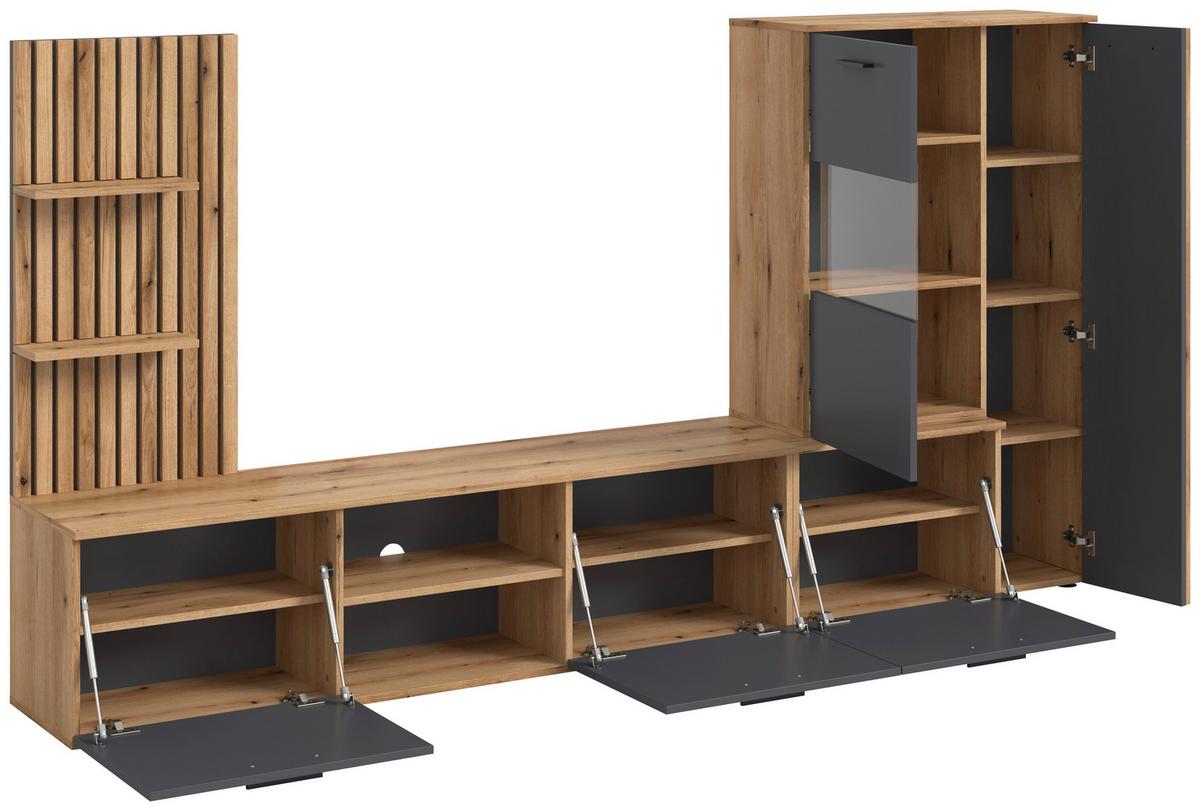 Obývačková stena Mailand š: 250cm - čierna/farba duba, Modern, kompozitné drevo/plast (250/135/38cm) - Mömax
