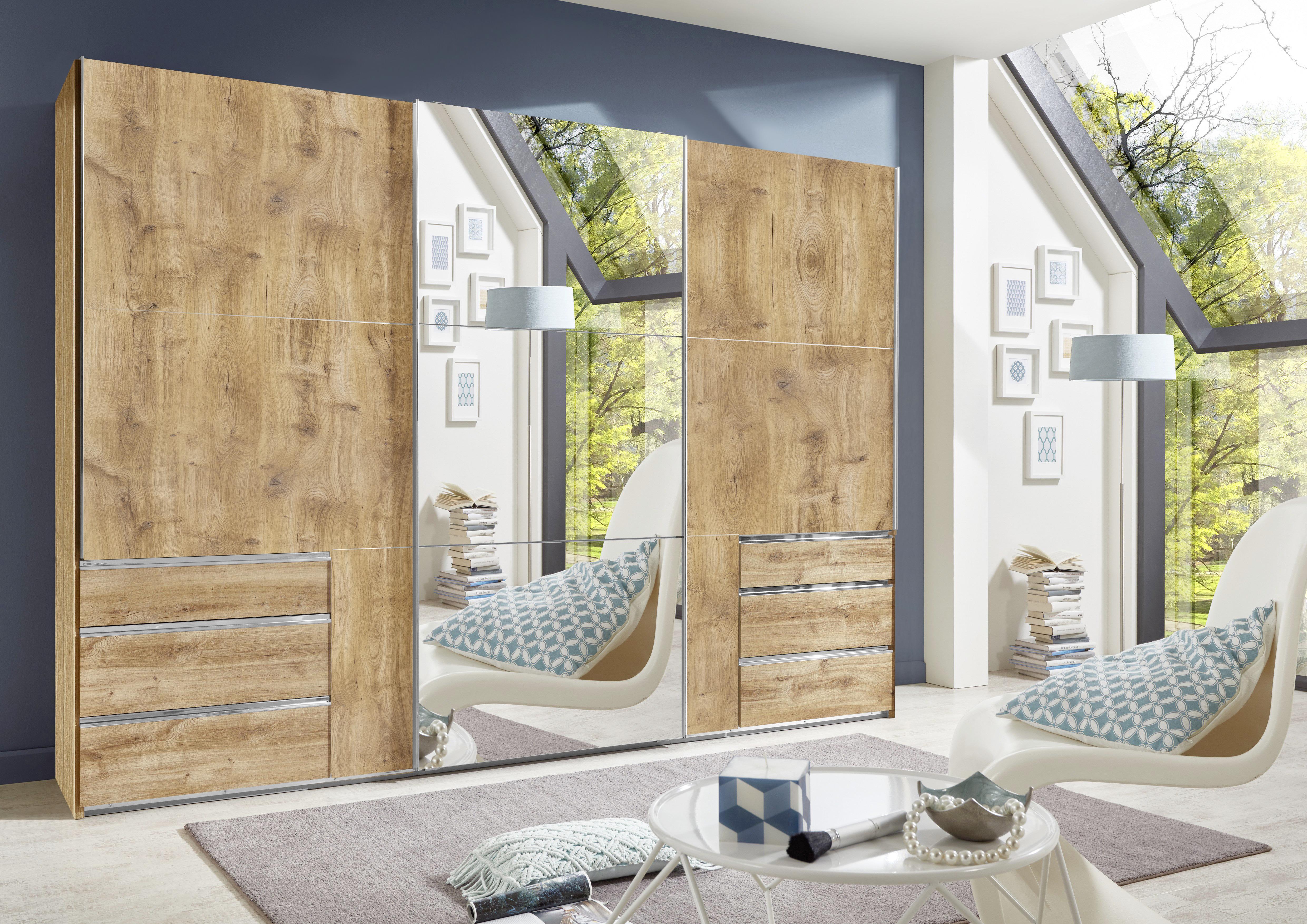 Schwebetürenschrank M. Spiegel 300cm Level 36a, Eiche Dekor - Eichefarben, MODERN, Glas/Holzwerkstoff (300/216/65cm) - MID.YOU
