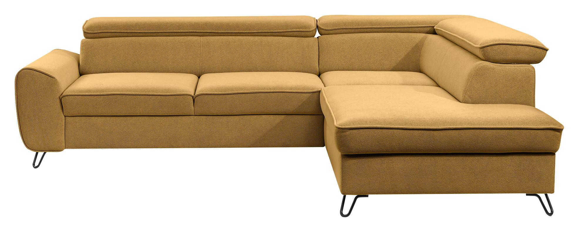 Rohová sedačka IDYLLA, pravá s úložným prostorem a lůžkem - curry žlutá/černá, Design, kov/textil (250/200cm)