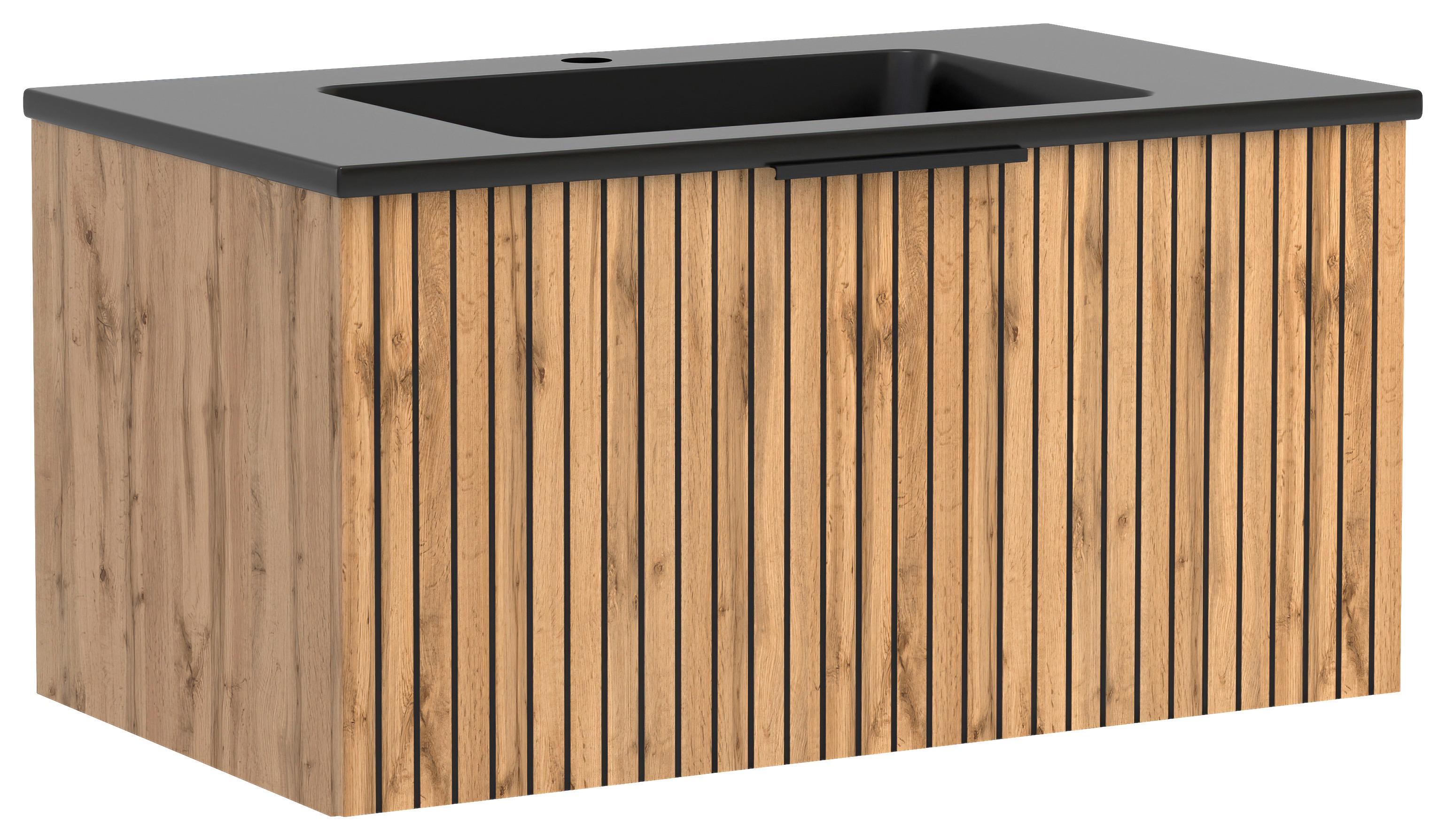 Waschbecken mit Unterschrank Chester B: 80 cm - Eiche Wotan/Schwarz, MODERN, Holzwerkstoff/Stein (80cm) - Held