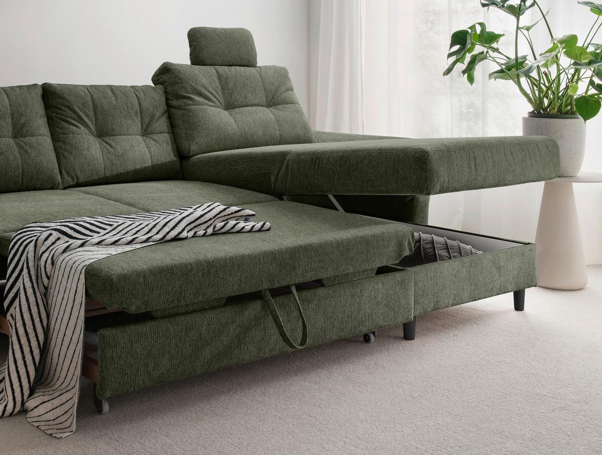 Wohnlandschaft Brizzini Dunkelgrün U: 206x338x176 cm - Dunkelgrün/Schwarz, MODERN, Textil (206/338/176cm) - Livetastic