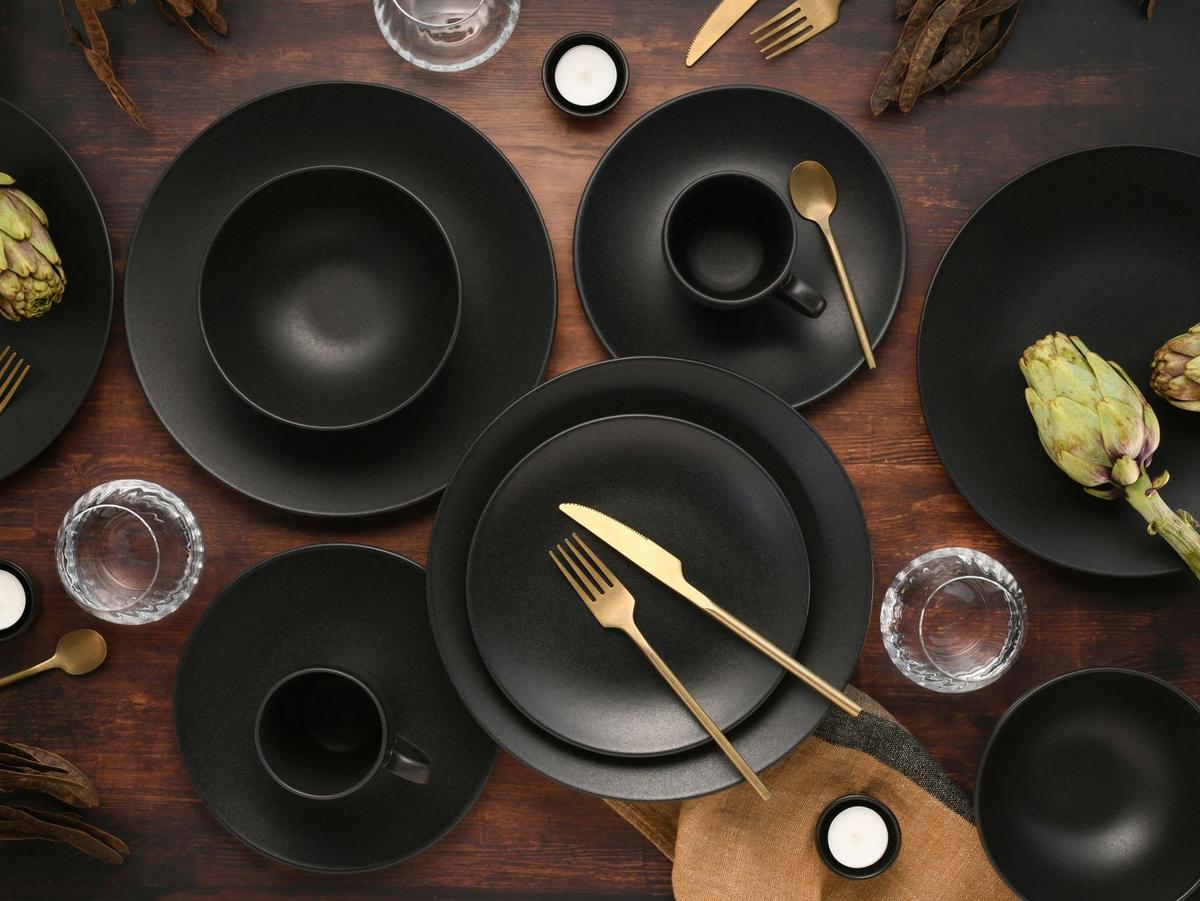 Kombiservice Keramik 4 Personen Geschirr Set Schwarz - Schwarz, Trend, Keramik - Creatable