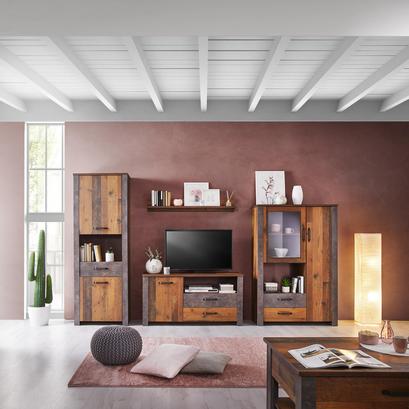 Wohnwand mit Vitrinen, TV-Element und Wandboard Wohnwand in Betonoptik und Eiche Dekor