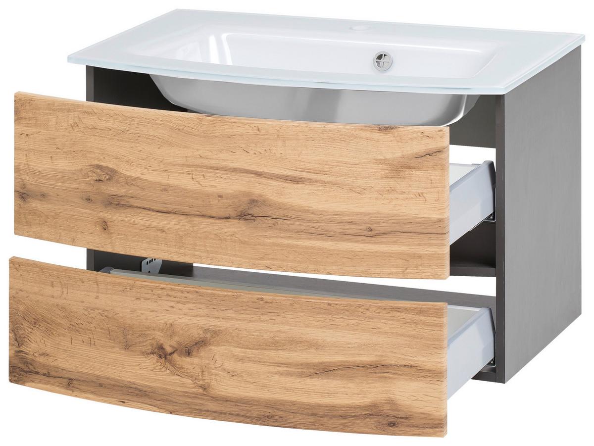 Waschbecken mit Unterschrank Kopenhagen B: 80 cm Grau/Eiche - Eichefarben/Graphitfarben, KONVENTIONELL, Glas/Holzwerkstoff (80cm) - Held