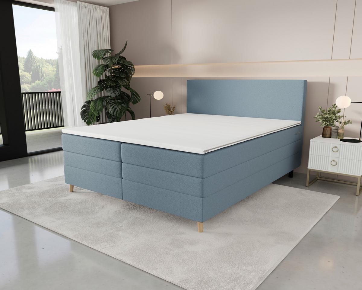 Boxspringbett mit Topper Taro blaugrau, 180x200cm - Blaugrau/Schwarz, KONVENTIONELL, Textil/Metall (180/200cm)