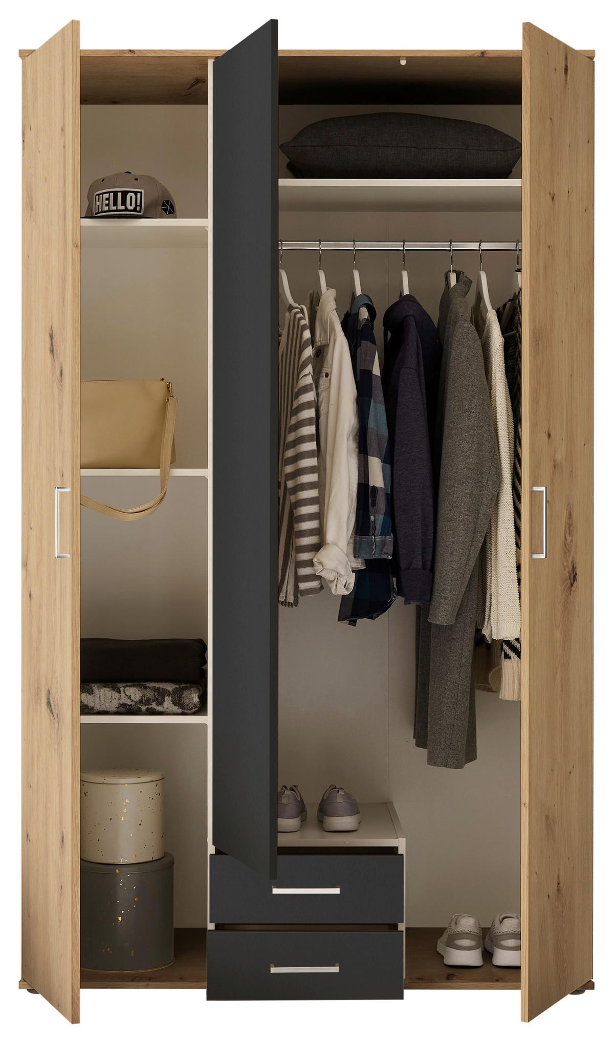 Skříň s otočnými dveřmi PAUL š.120cm, dub Artisan/grafit - bílá/barvy grafitu, Romantický / Rustikální, kompozitní dřevo/plast (119,6/196,3/53,5cm)