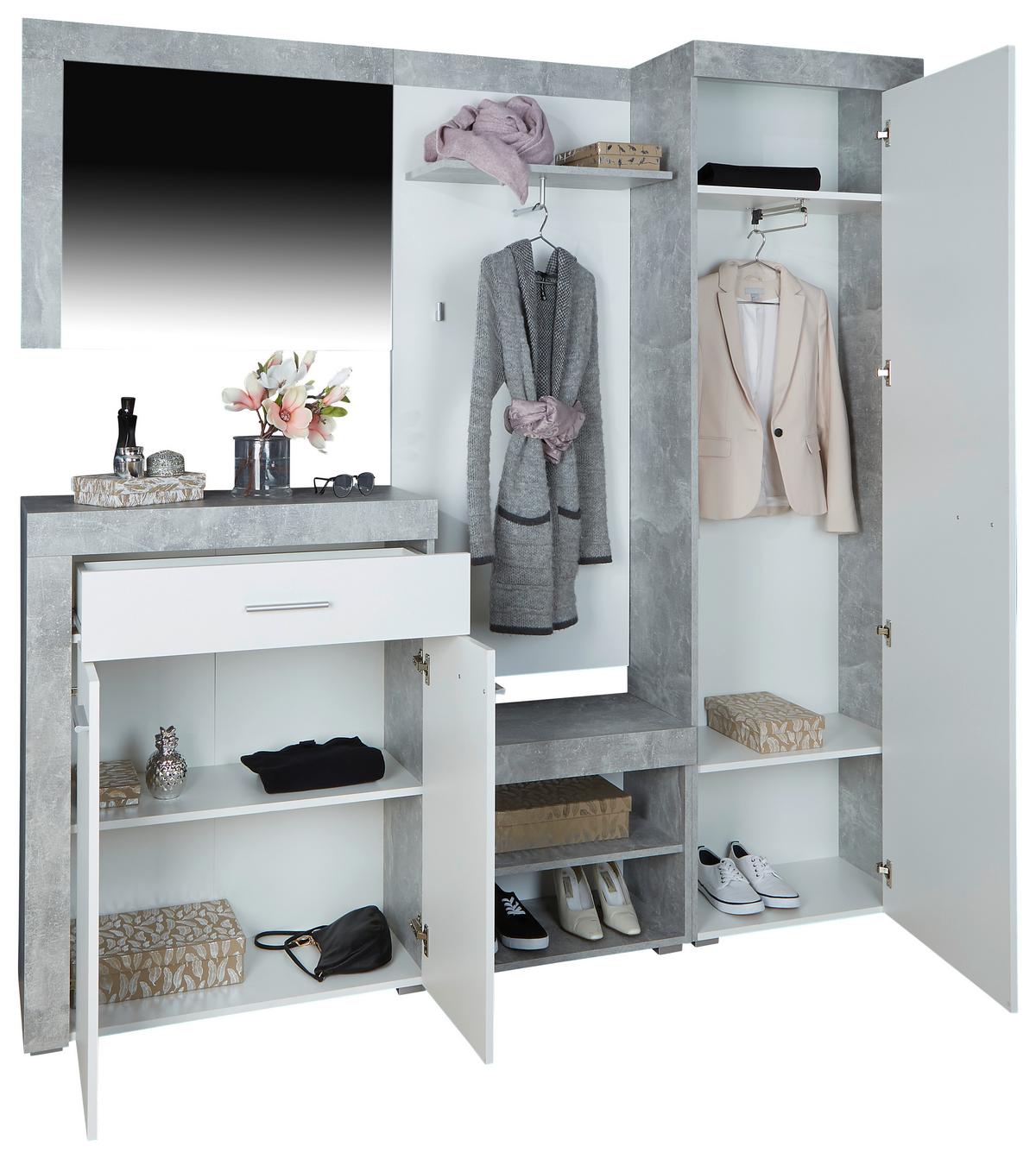Garderobe Porto Betonoptik/ Weiß B: 200 cm Mit Spiegel - Weiß/Grau, MODERN, Holzwerkstoff (200/200/35,3cm)