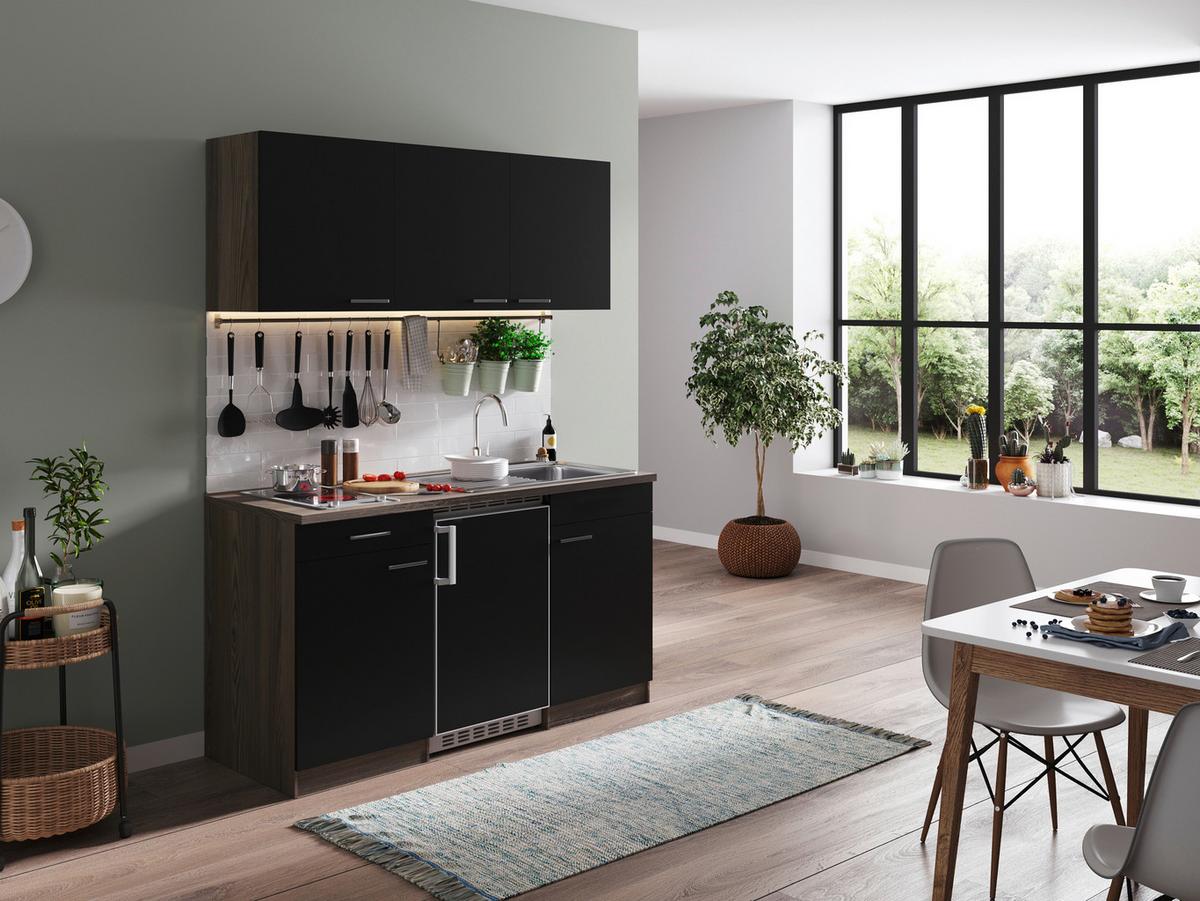 Miniküche Oliver Singleküche 150 cm - Eichefarben/Schwarz, Basics, Holzwerkstoff - Respekta