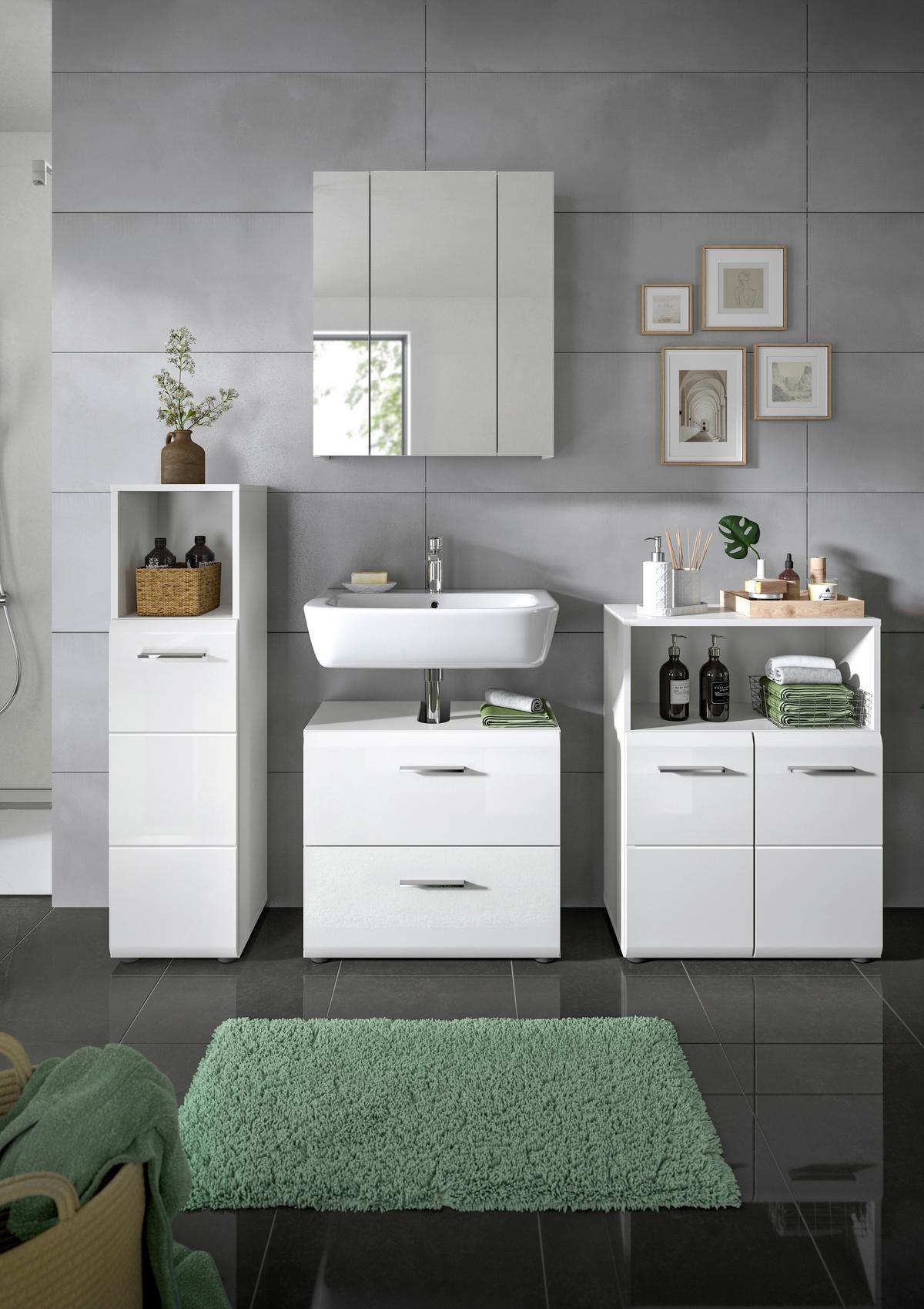 Badezimmer Ice Weiß Hg B: 150 cm - Weiß Hochglanz/Schwarz, MODERN, Glas/Holzwerkstoff (150cm) - MID.YOU