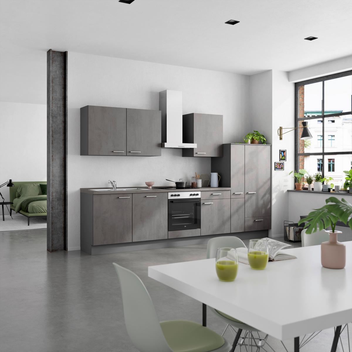 Kuchynská linka 330 cm, bridlicový šedý beton - farba ušľachtilej ocele/bridlicová, Modern, kov/kompozitné drevo (330cm) - Nobilia