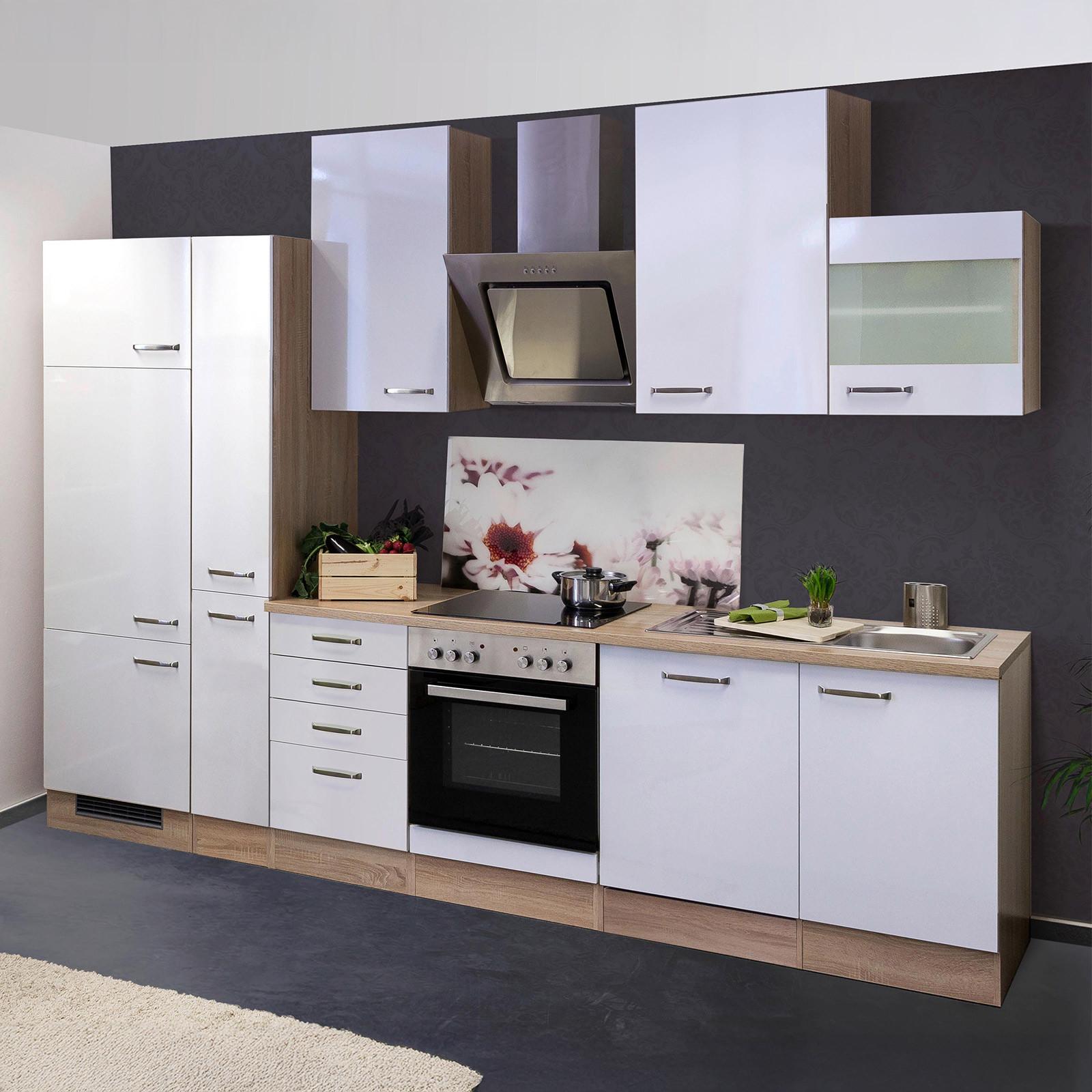 Küchenblock Valero Sonoma Eiche/Weiß B: 310 cm - Weiß Hochglanz/Sonoma Eiche, MODERN, Holzwerkstoff (310cm) - FlexWell