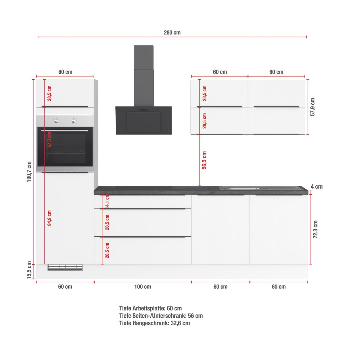 Küchenblock Ip315 Weiß B: 280 cm - Eichefarben/Weiß, Trend, Holzwerkstoff (280cm) - Impuls
