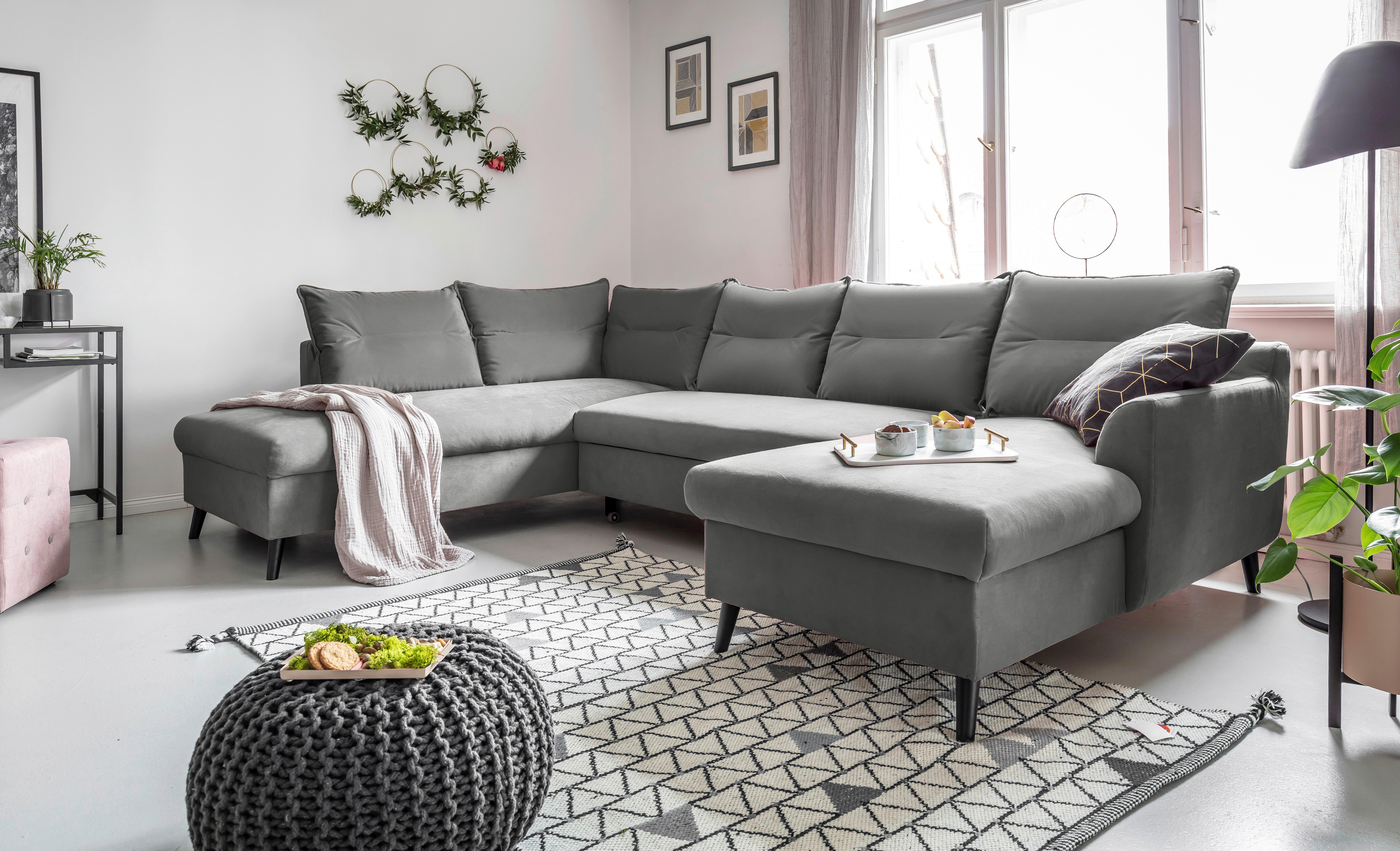Wohnlandschaft mit Schlaffunktion Stylish Stan - Hellgrau/Schwarz, Basics, Textil (200/300/150cm) - MID.YOU