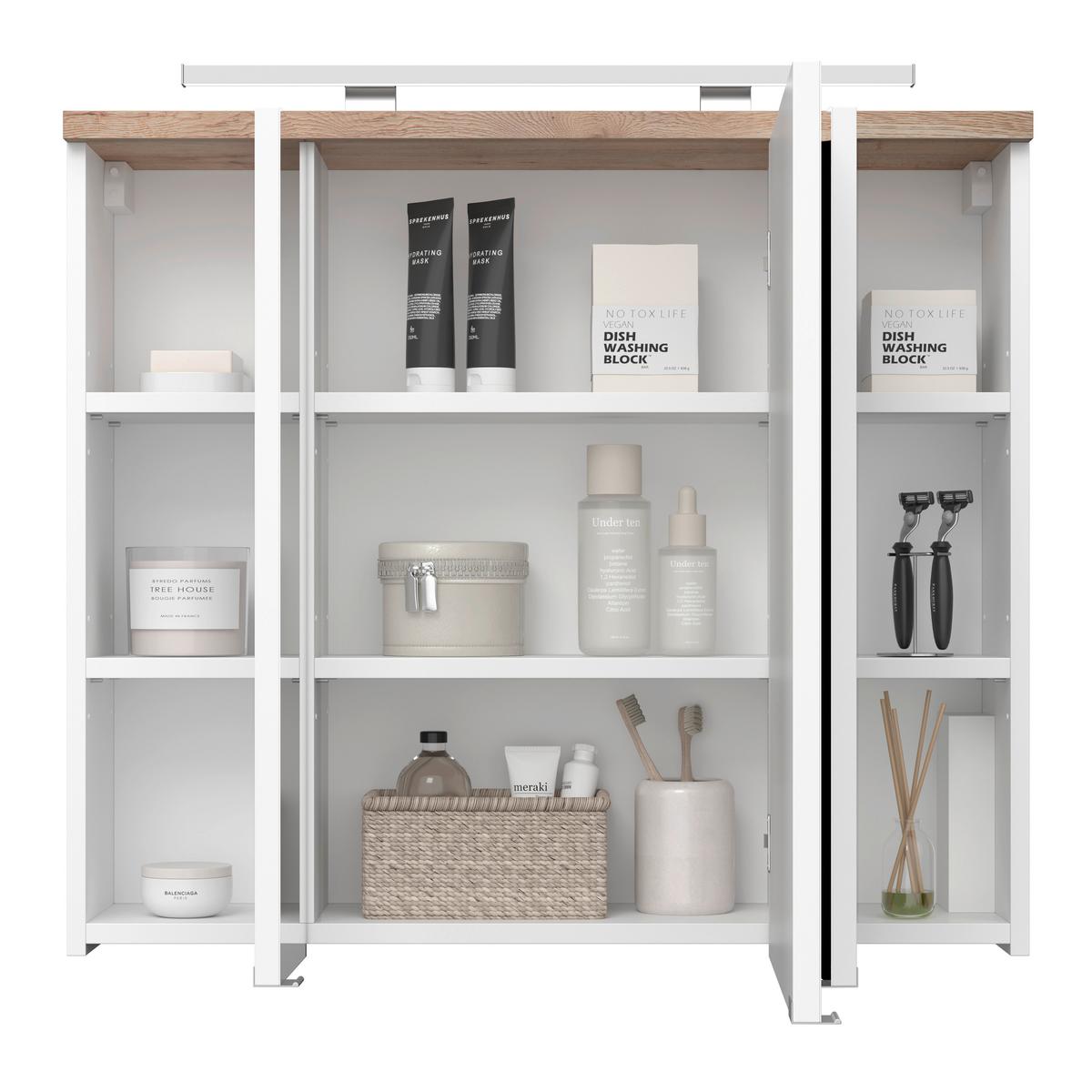 Spiegelschrank Marbella mit LED 3-türig BHT: 80x70x20 cm - Weiß, MODERN, Glas/Holzwerkstoff (80/70/20cm)