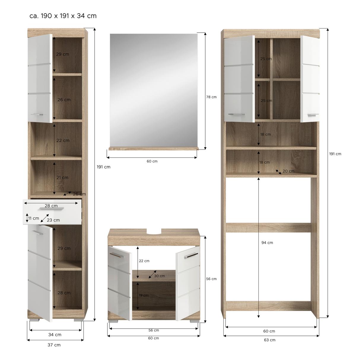 Badezimmer Lambada Eiche Dekor/weiß B: 160 Cm - Weiß Hochglanz/Silberfarben, MODERN, Glas/Holzwerkstoff (160cm) - MID.YOU