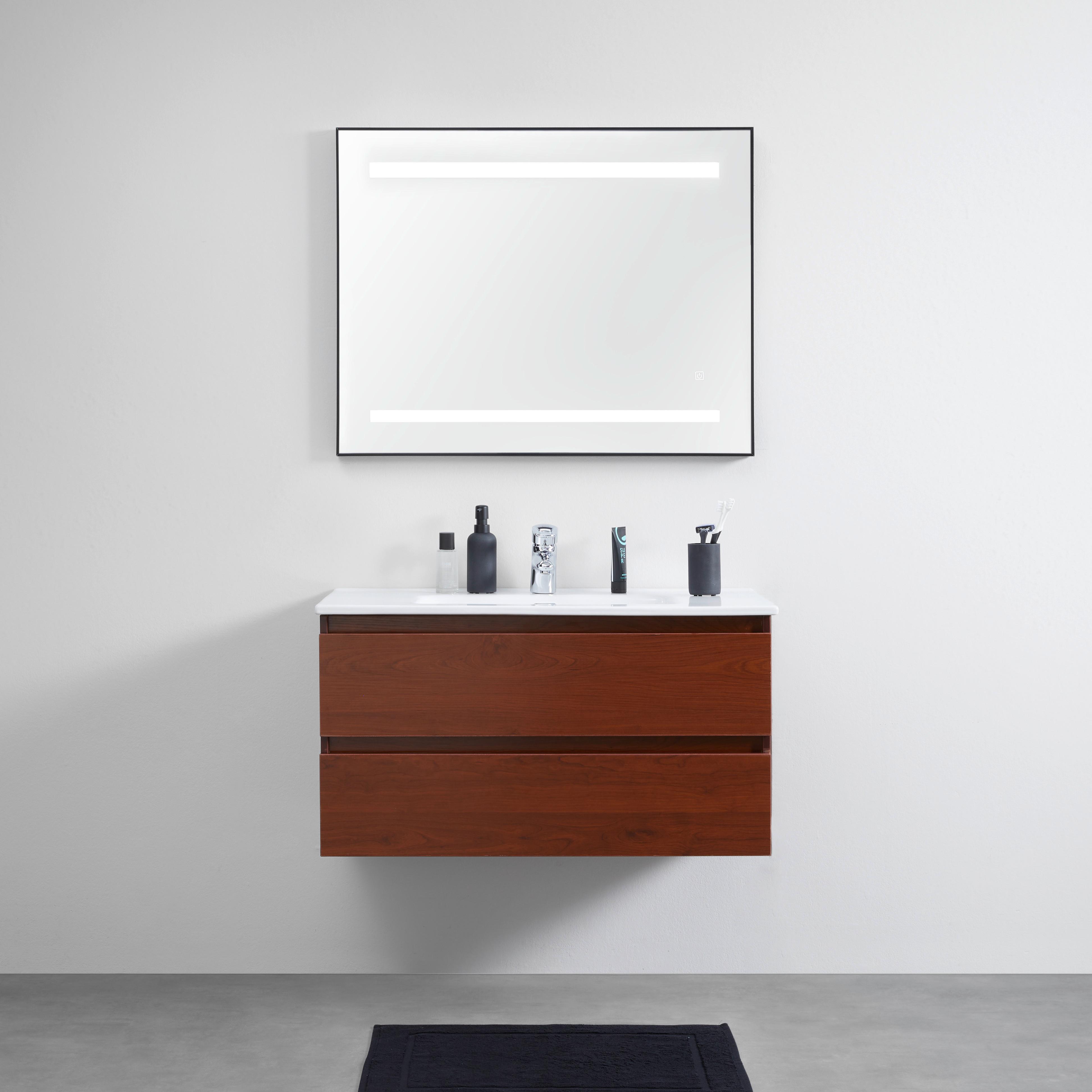 Skříňka s umyvadlem a LED zrcadlem DAVIDE - bílá/přírodní barvy, Moderní, kompozitní dřevo/keramika (91/50/46,5cm) - Livetastic