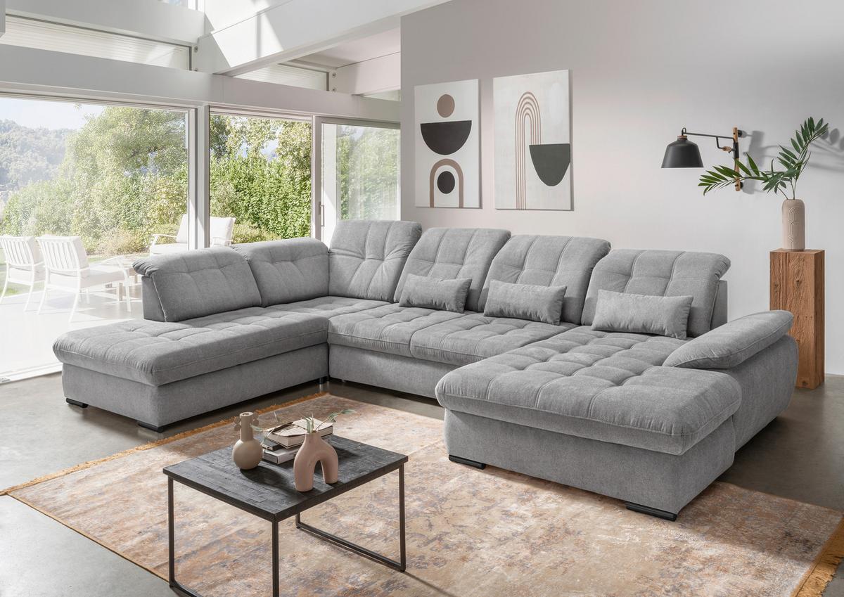 Wohnlandschaft Mit Bettkasten Rigatti Silberfarben B: 387 Cm - Silberfarben/Schwarz, MODERN, Textil (252/387/184cm) - Livetastic